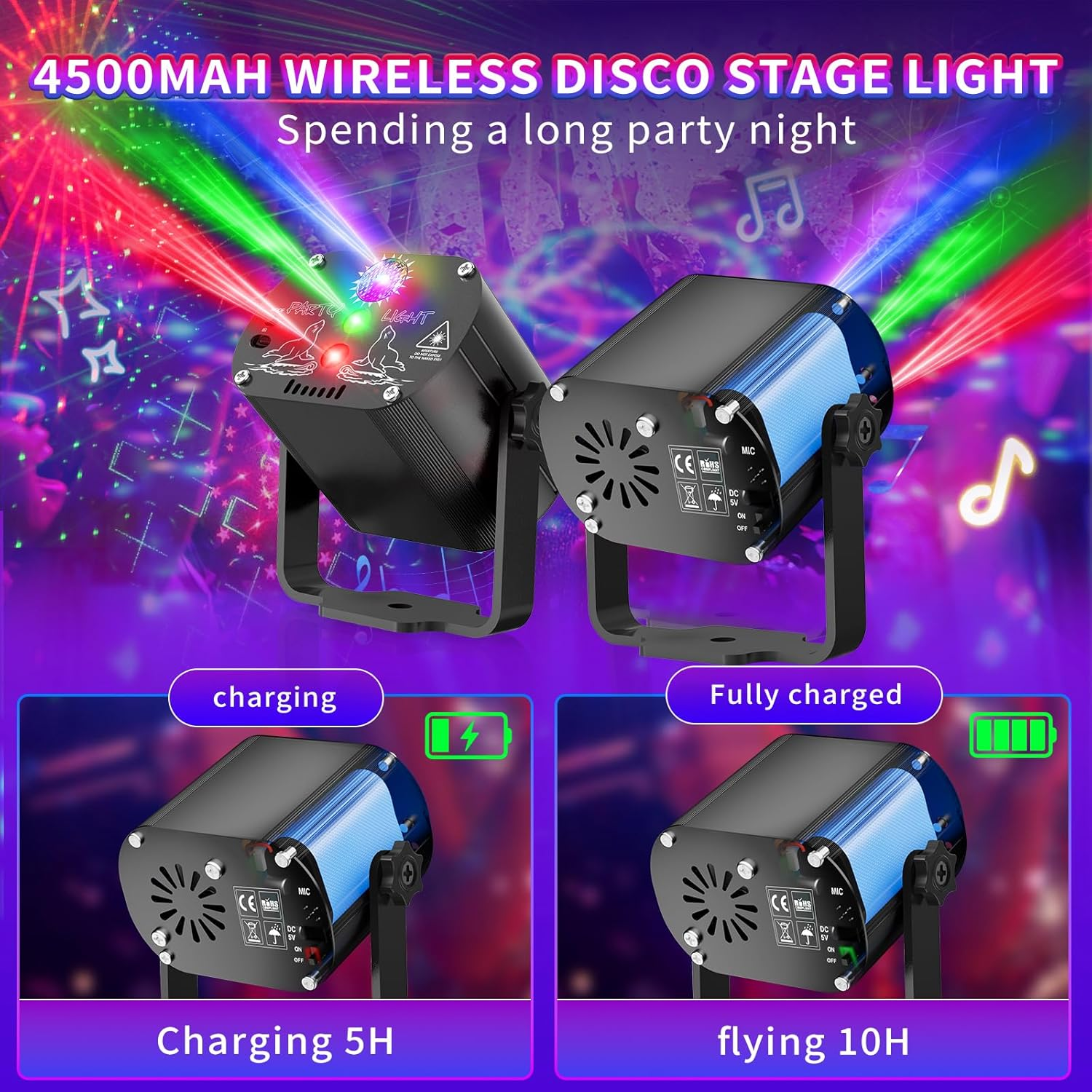 Ein Disco-Bühnenlicht mit roten und grünen Strahlen auf einem lila Hintergrund.