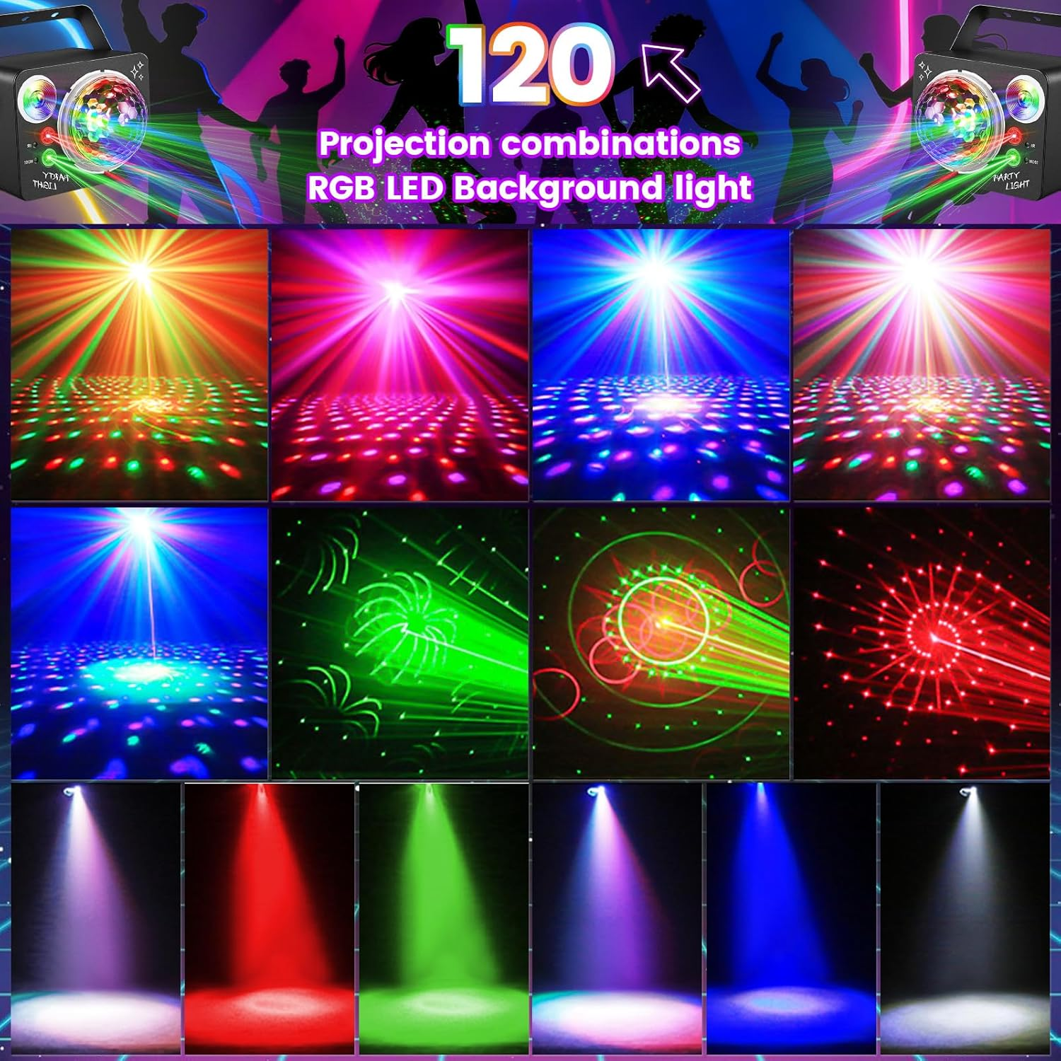 Partylicht mit 120 RGB-LED-Kombinationen, das verschiedene Muster und Farben projiziert.