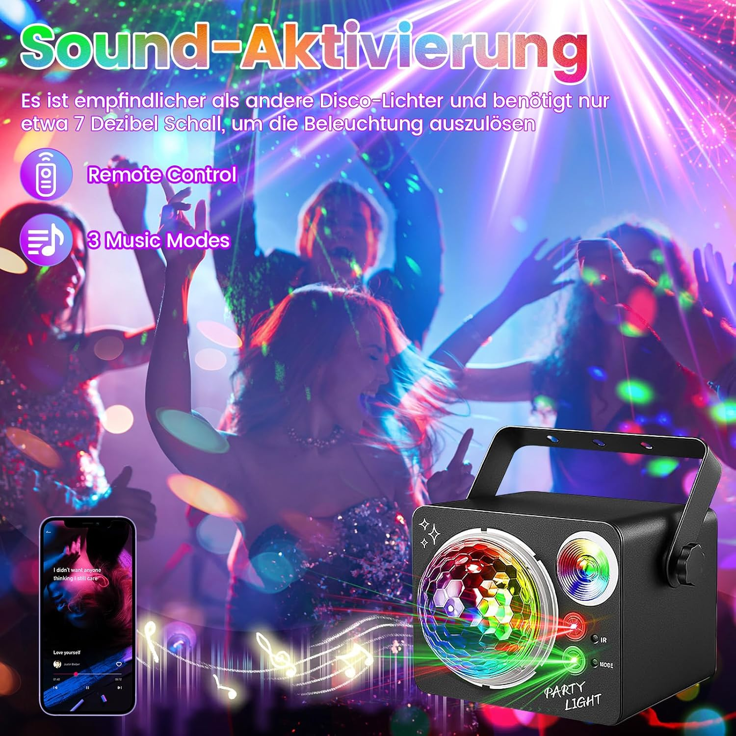 Disco-Licht mit Fernbedienung und Musikmodi, das auf Geräusche reagiert.