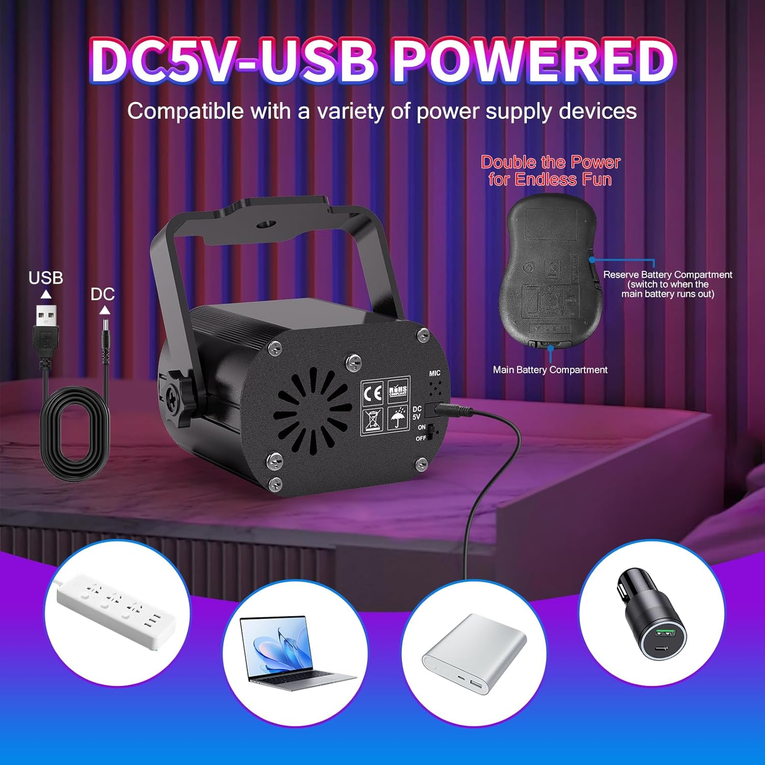 DC5V-USB-betriebenes Gerät mit USB- und DC-Eingängen, Steckdosenleiste, Laptop, Powerbank, Autoladegerät.