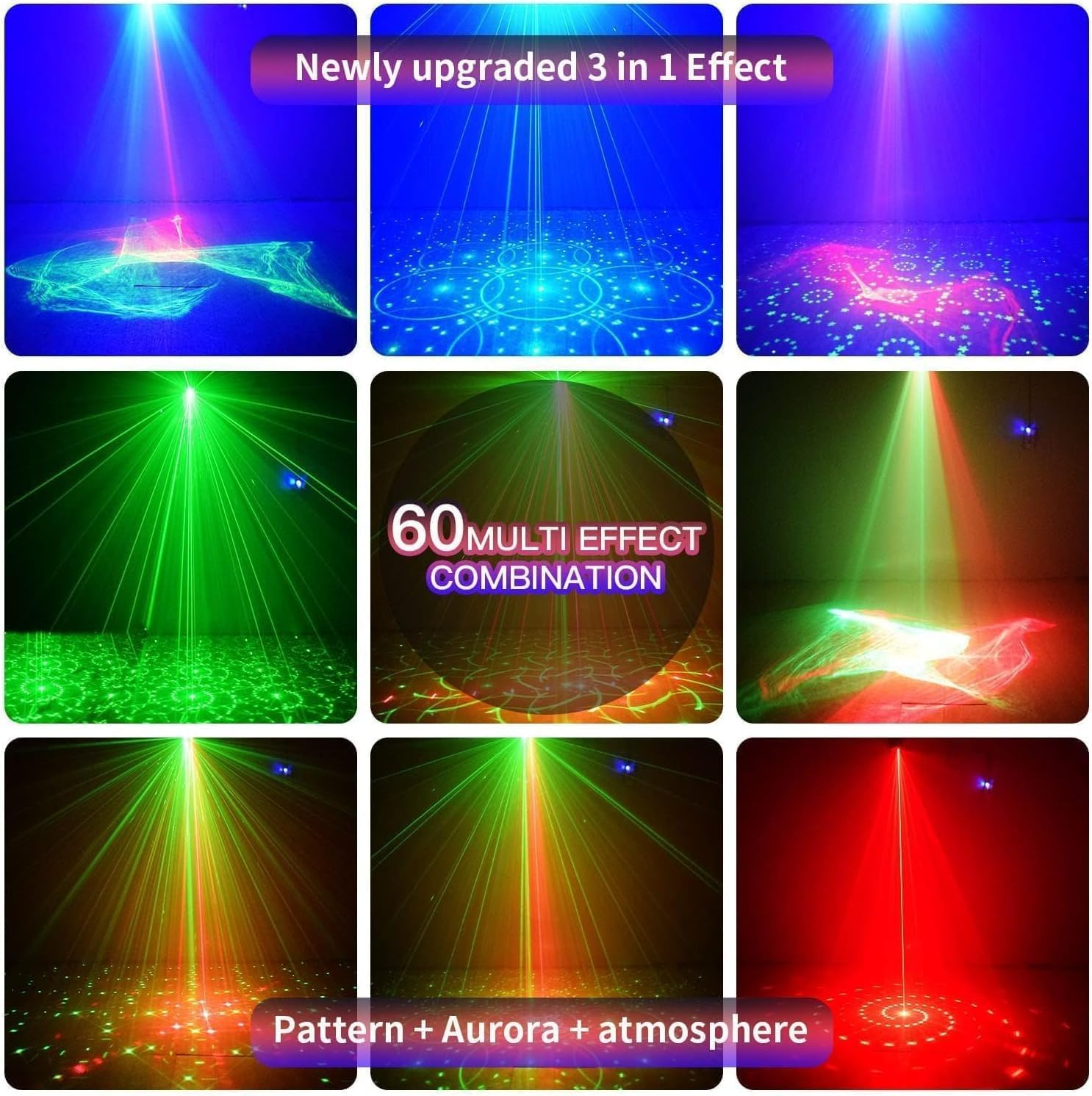 Mehrere Lichteffekte mit Mustern und Auroras in Blau, Grün und Rot.