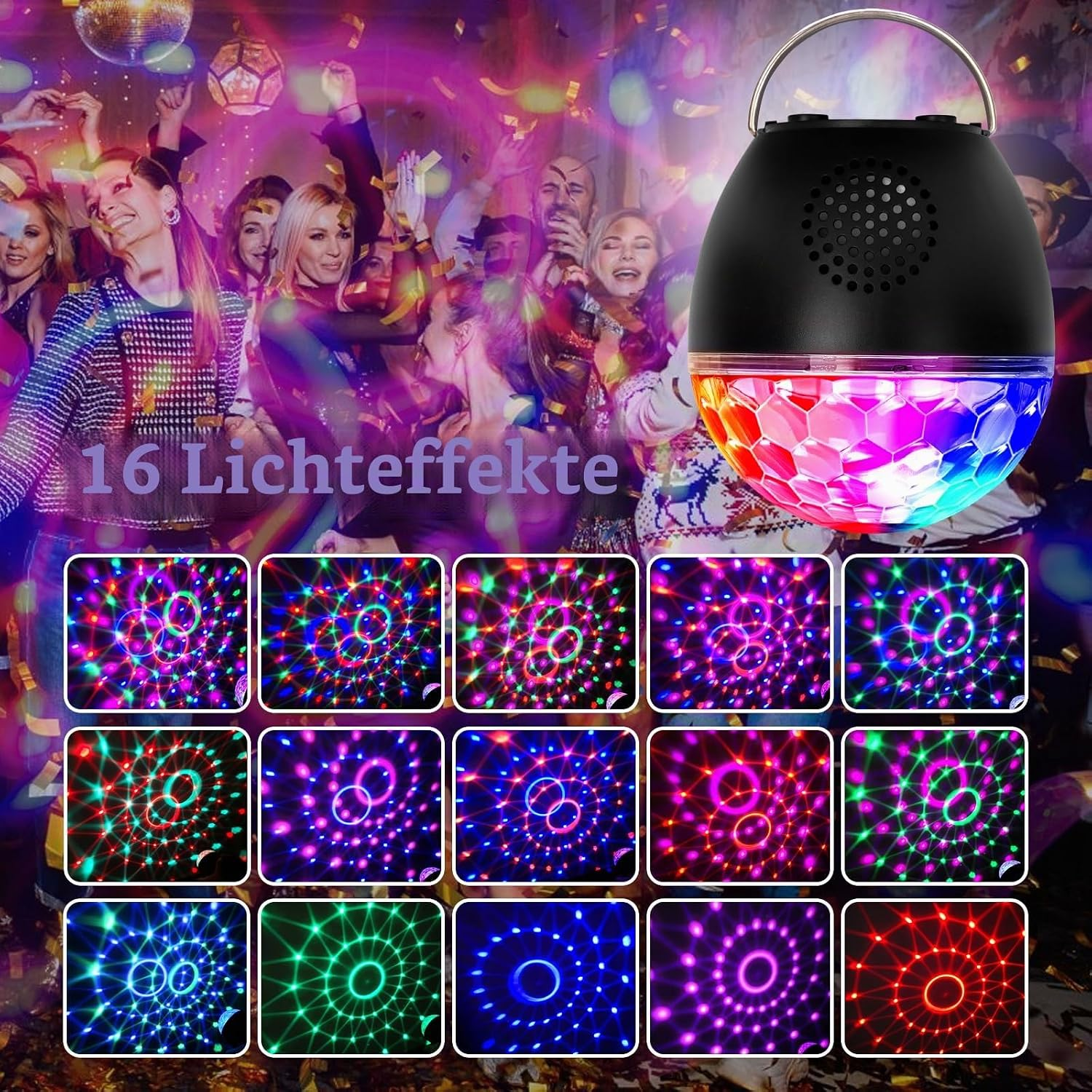 Eine Partyszene mit Menschen und einem Disco-Lichteffektgerät.