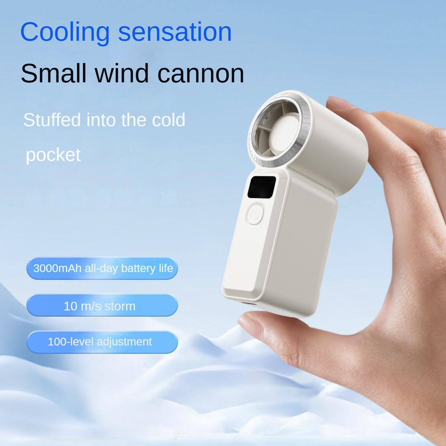 Hand hält einen weißen Mini-Ventilator mit Display und Knöpfen. Text hebt Funktionen hervor.