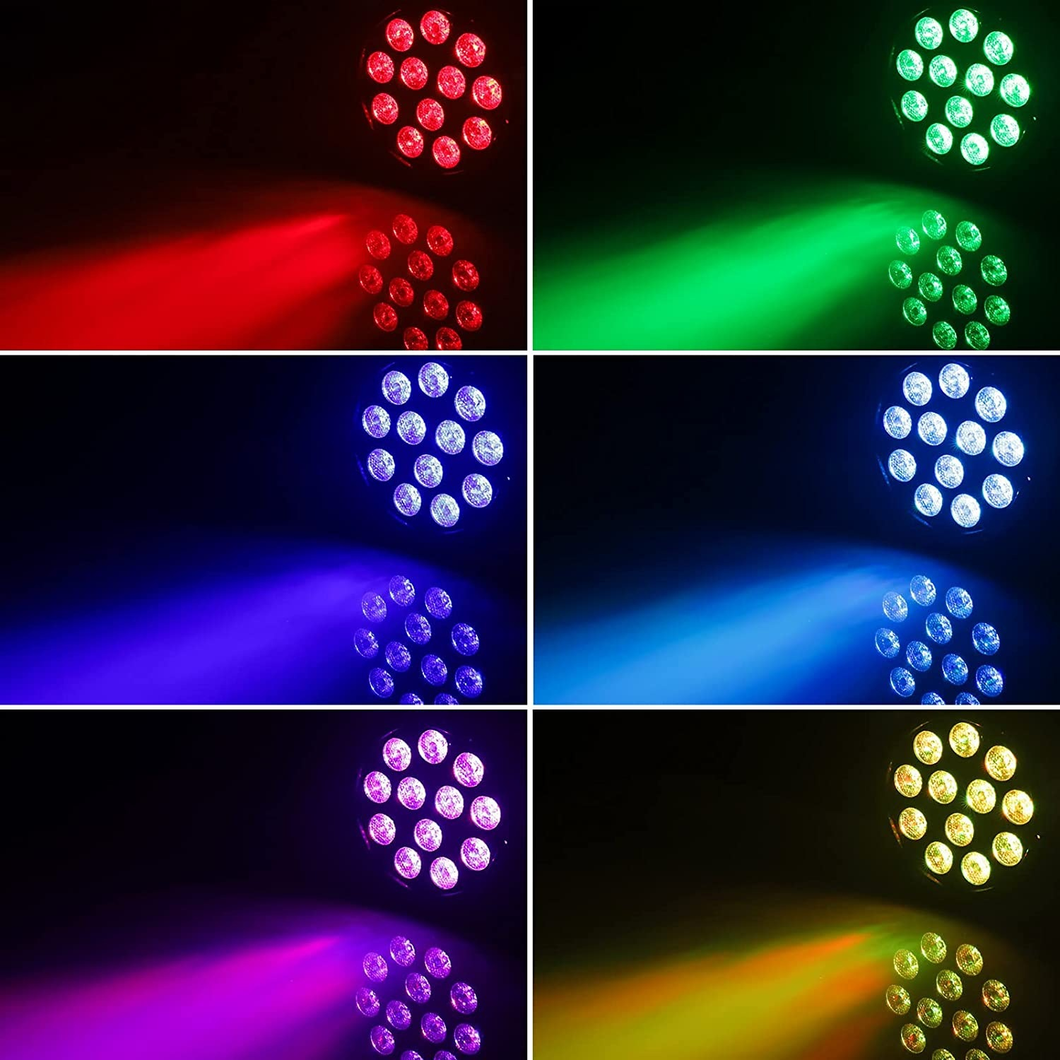 Sechs Lichter zeigen Rot, Grün, Blau, Lila, hellblau und Gelb.
