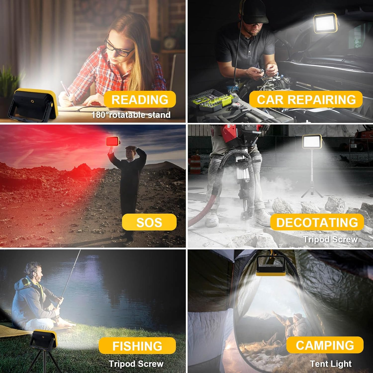 Sechs Szenen: Lesen, Autoreparatur, SOS, Dekoration, Angeln, Camping mit einem tragbaren Licht.