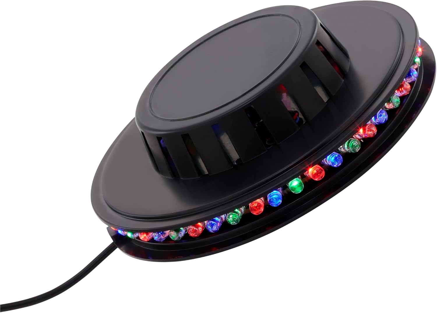 Schwarzes Gerät mit bunten LEDs, Kabelanschluss.