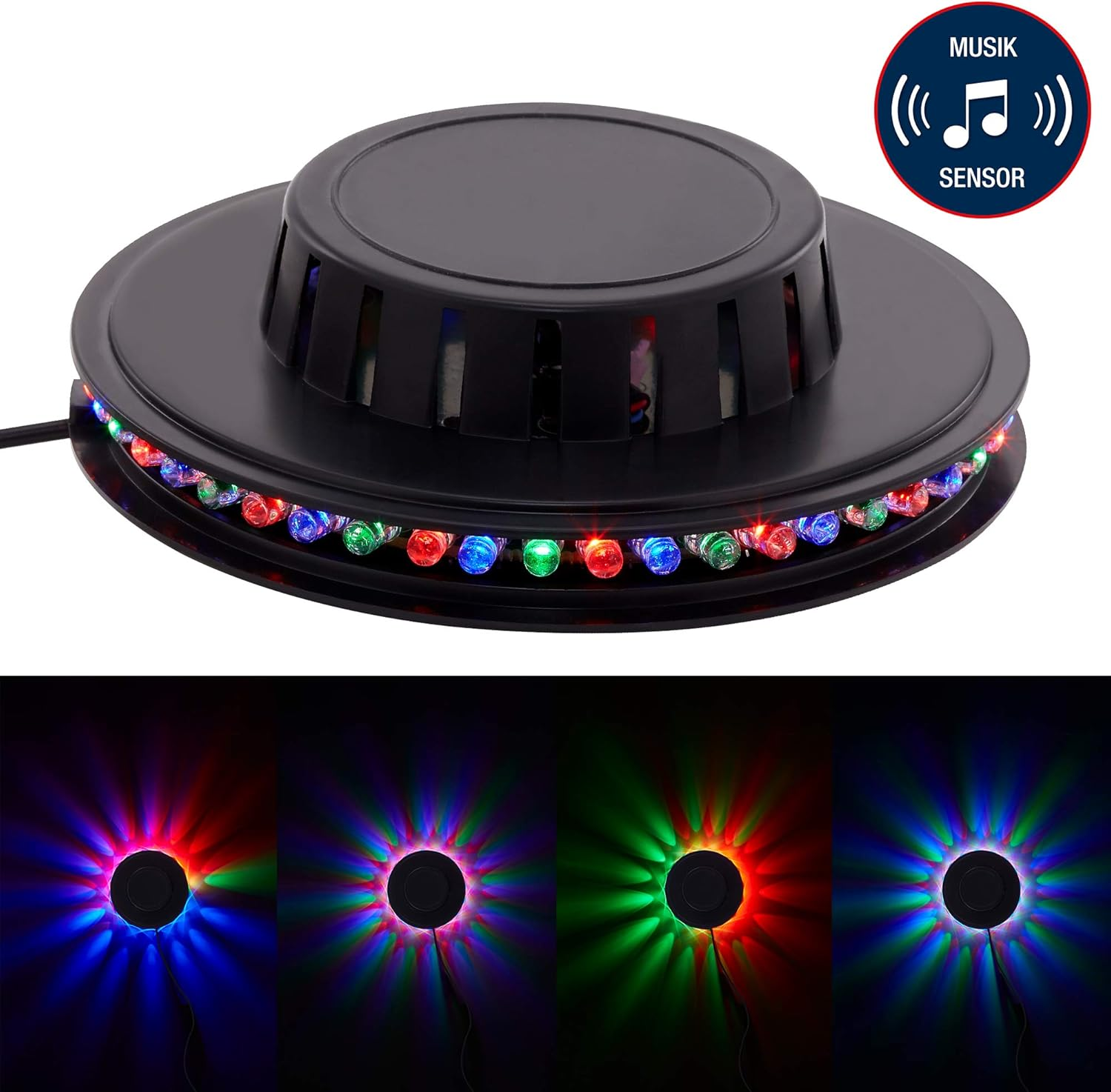 Schwarzer Musiksensor mit bunten LEDs und Lichteffekten.
