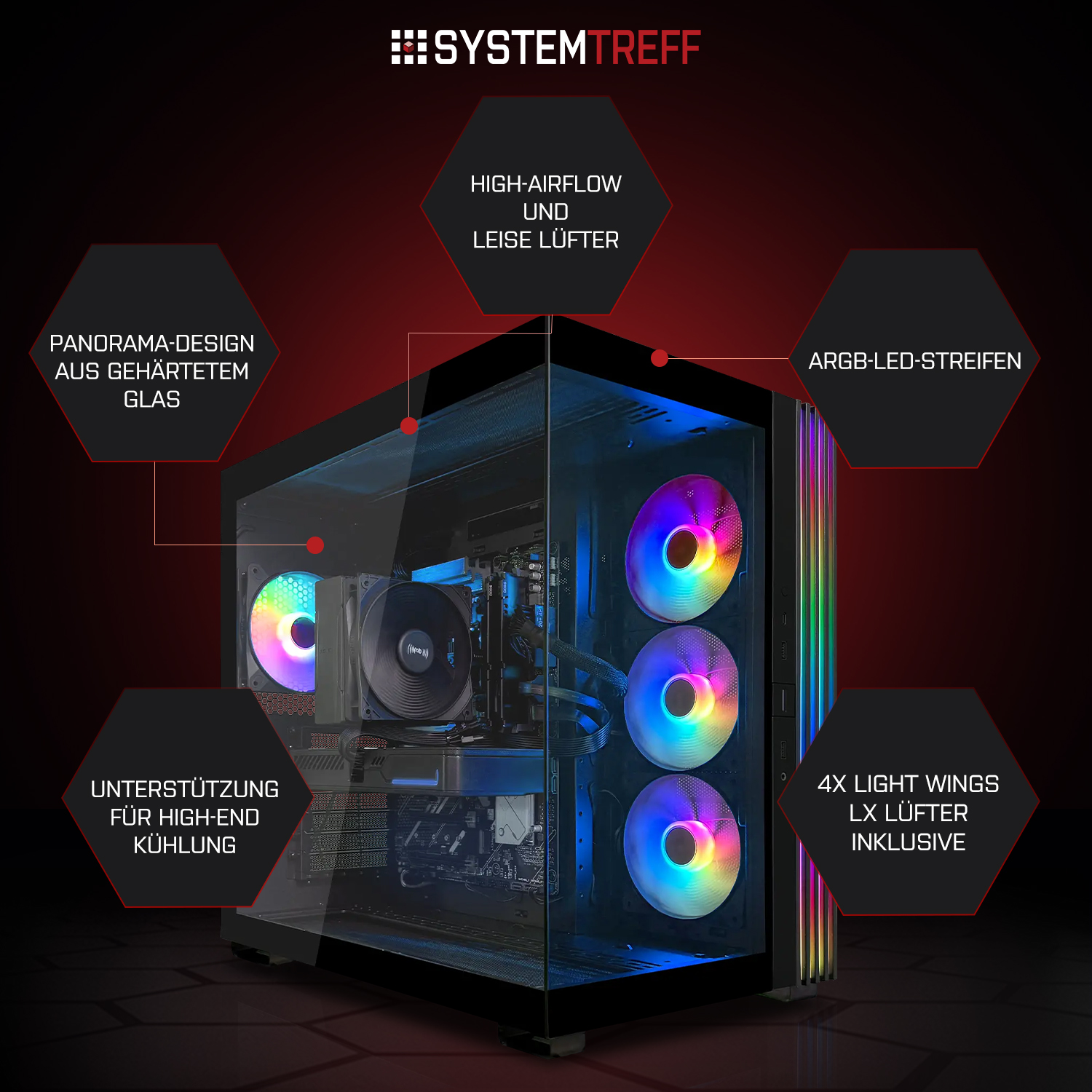 Ein PC-Gehäuse mit Glasfront, beleuchteten Lüftern und ARGB-Streifen.
