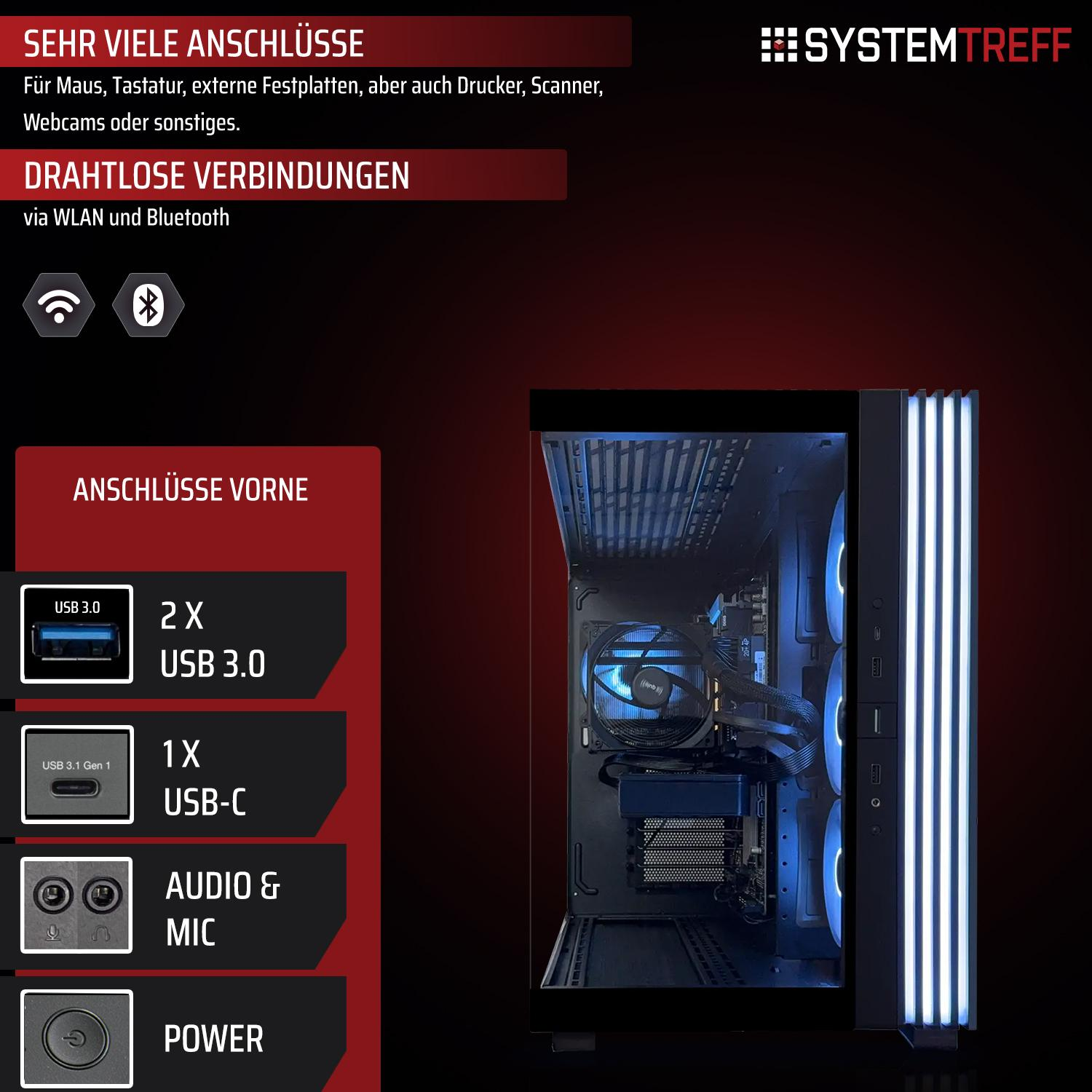 Ein PC-Gehäuse mit vielen Anschlüssen vorne, inkl. USB 3.0, USB-C, Audio/Mic, Power.