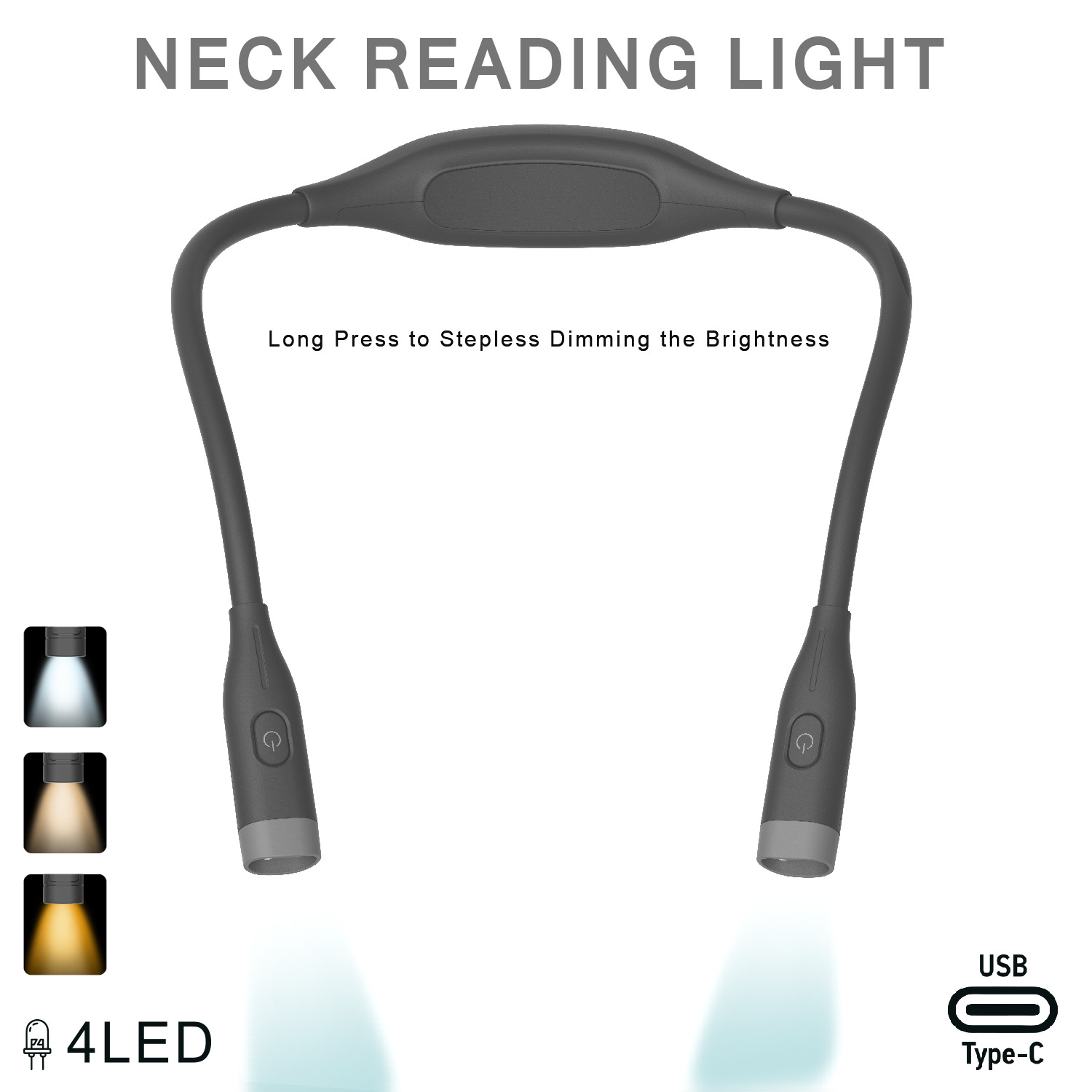 Graue Nackenleseleuchte mit 4 LEDs, USB-C-Anschluss und Dimmfunktion.