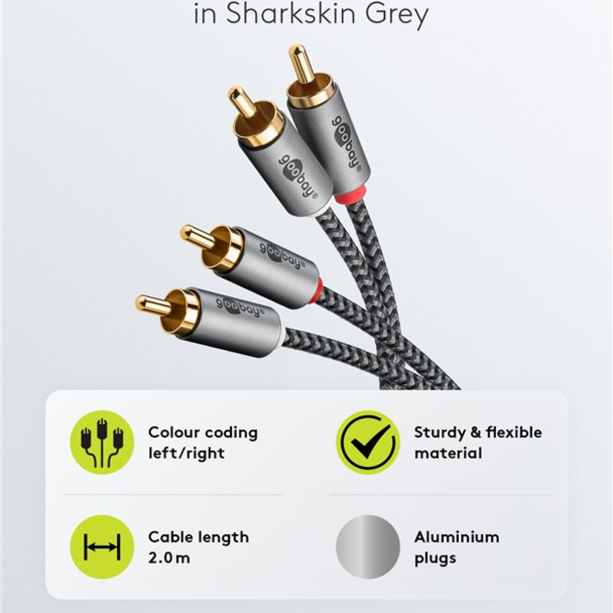 Drei Goobay Cinch-Kabel mit goldenen Steckern und grauen Ummantelungen.