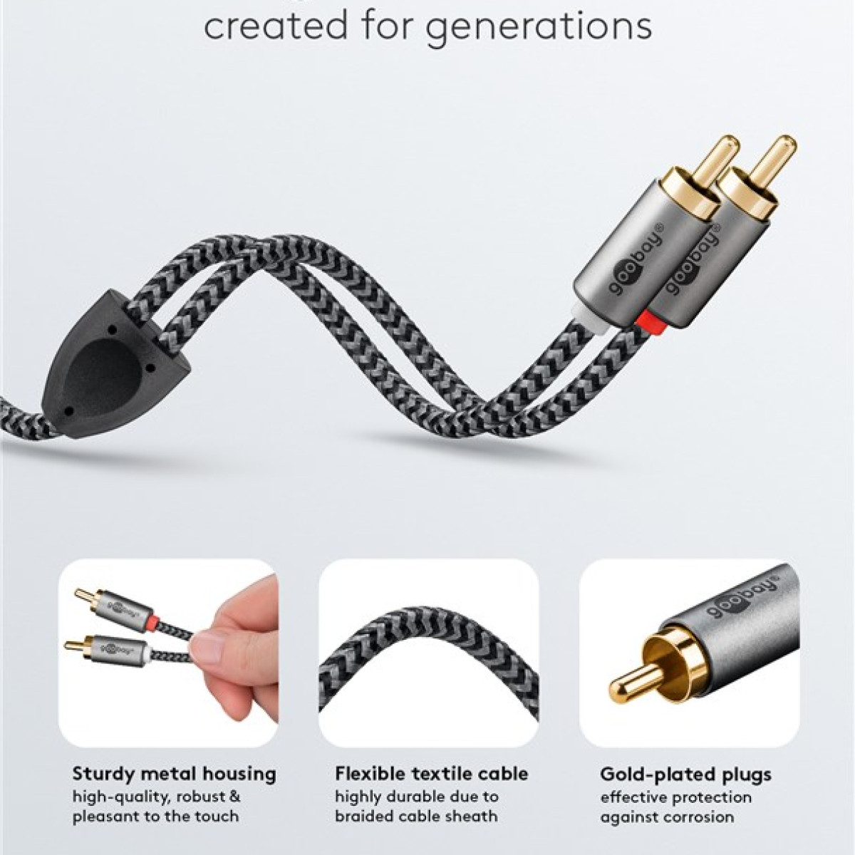 Ein Audio-Kabel mit zwei vergoldeten Steckern und einem geflochtenen Textilmantel.