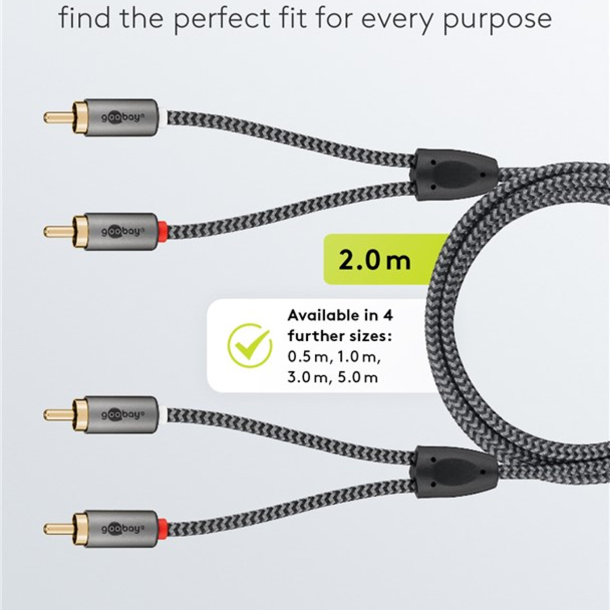 Ein 2,0 m langes Kabel mit zwei Cinch-Steckern, erhältlich in vier Größen.