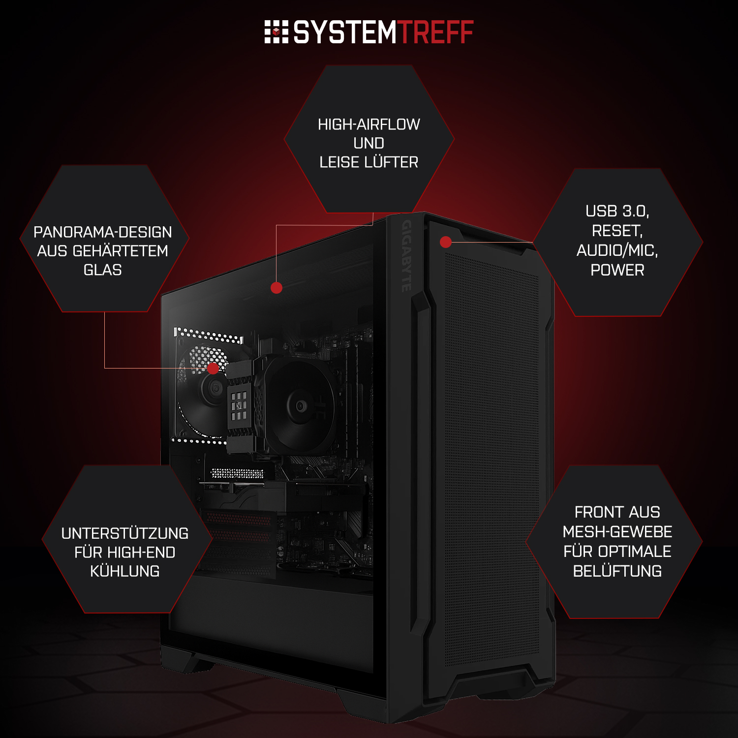 Schwarzes PC-Gehäuse mit Glasseitenteil, Hervorhebung von Luftstrom, Kühlung und Anschlüssen.