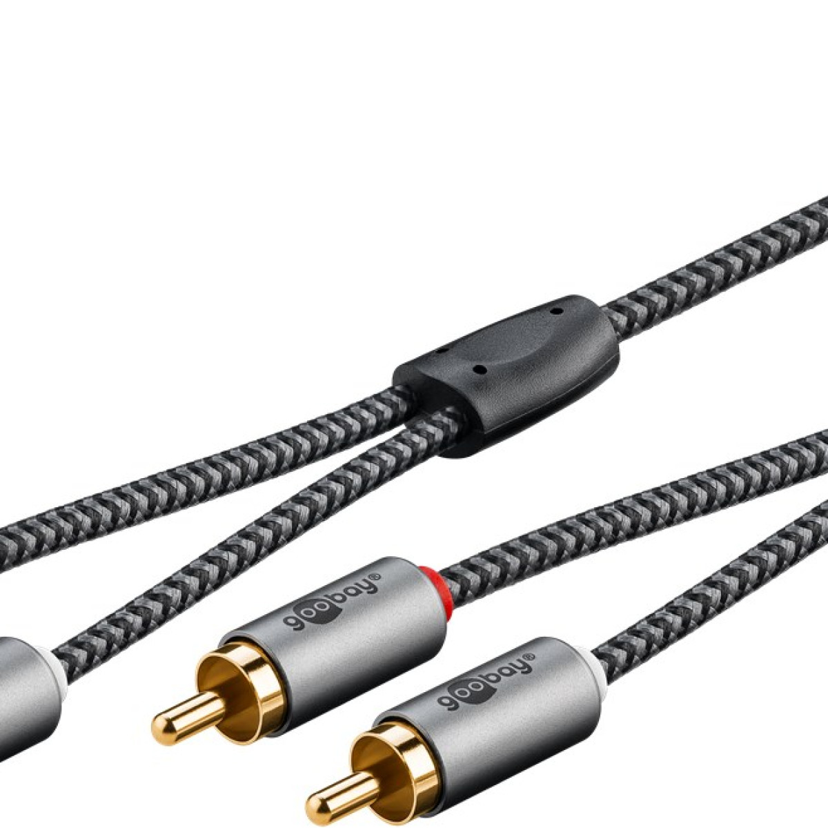 Geflochtenes Cinch-Kabel mit vergoldeten Steckern und schwarzem Verteiler.
