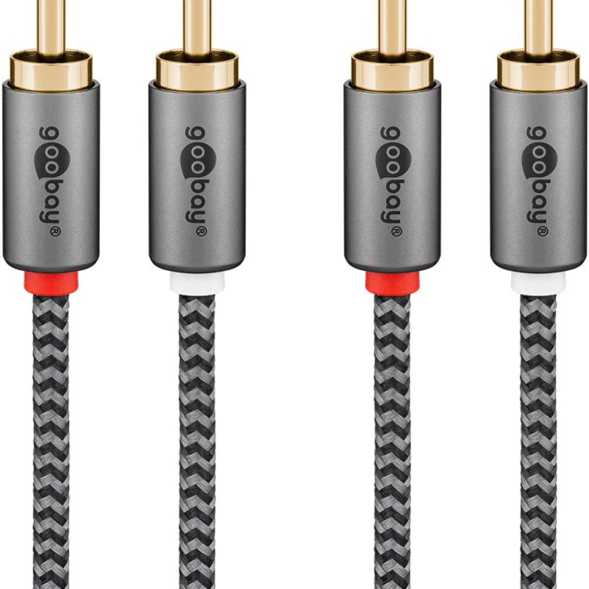 Vier graue RCA-Kabel mit goldenen Steckern und Zopfmuster-Kabeln.