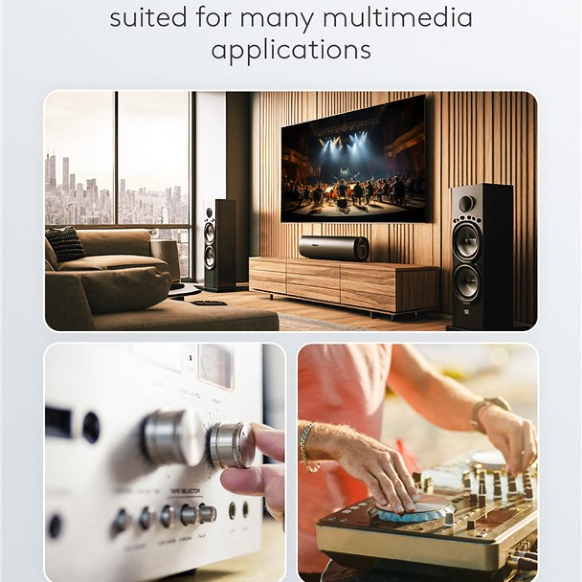 Modernes Wohnzimmer, DJ-Setup und Verstärker mit Hand, die den Knopf einstellt.