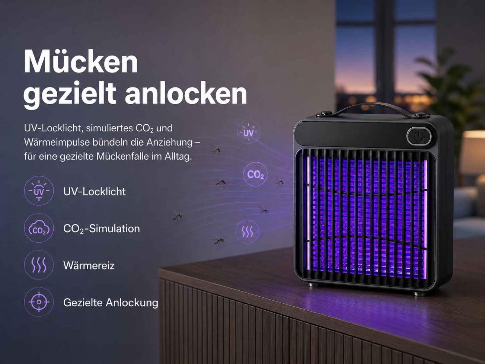 Ein schwarzer Insektenvernichter mit UV-Licht zieht Mücken an.