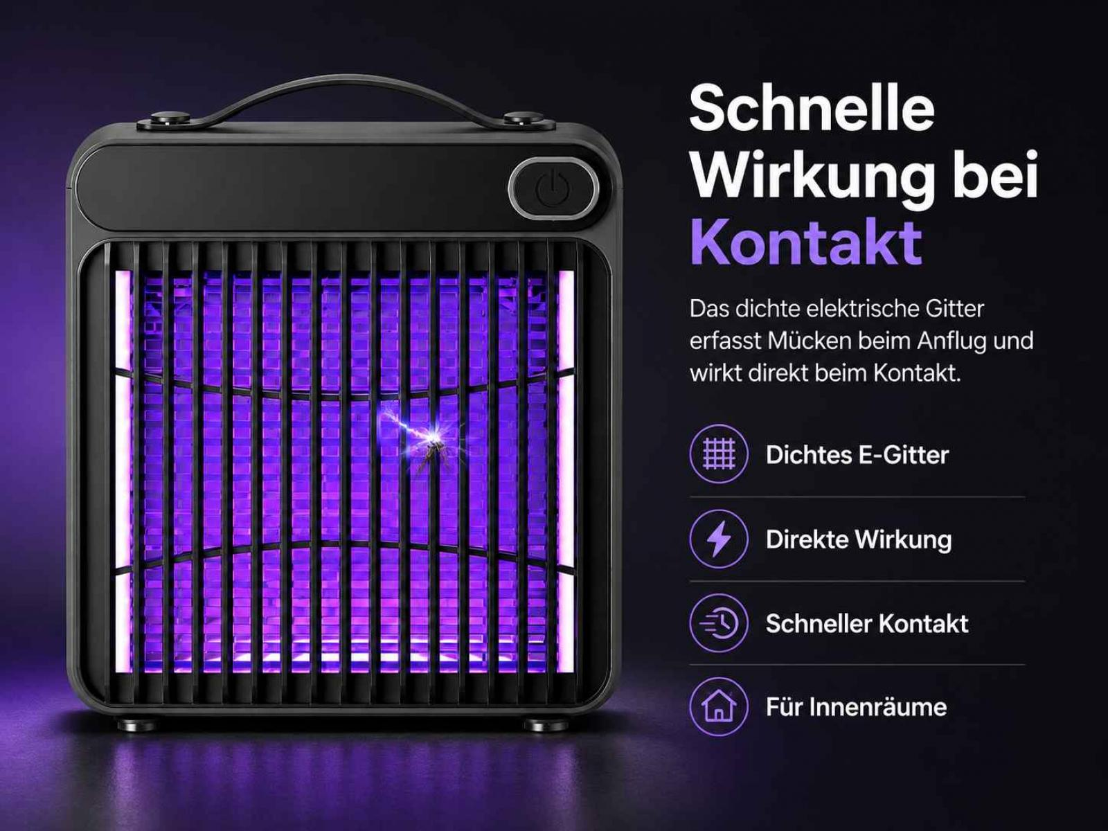 Elektrische Fliegenfalle mit lila UV-Licht, die Insekten tötet.