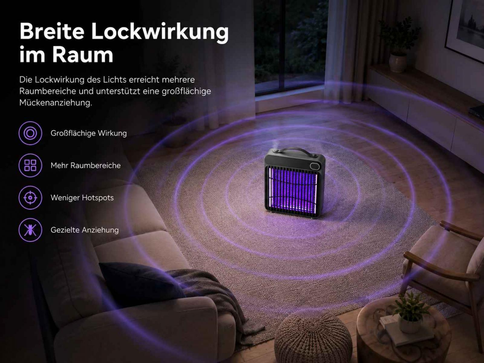 Ein lila Licht lockt Mücken in einem Raum mit Möbeln und einem Teppich.