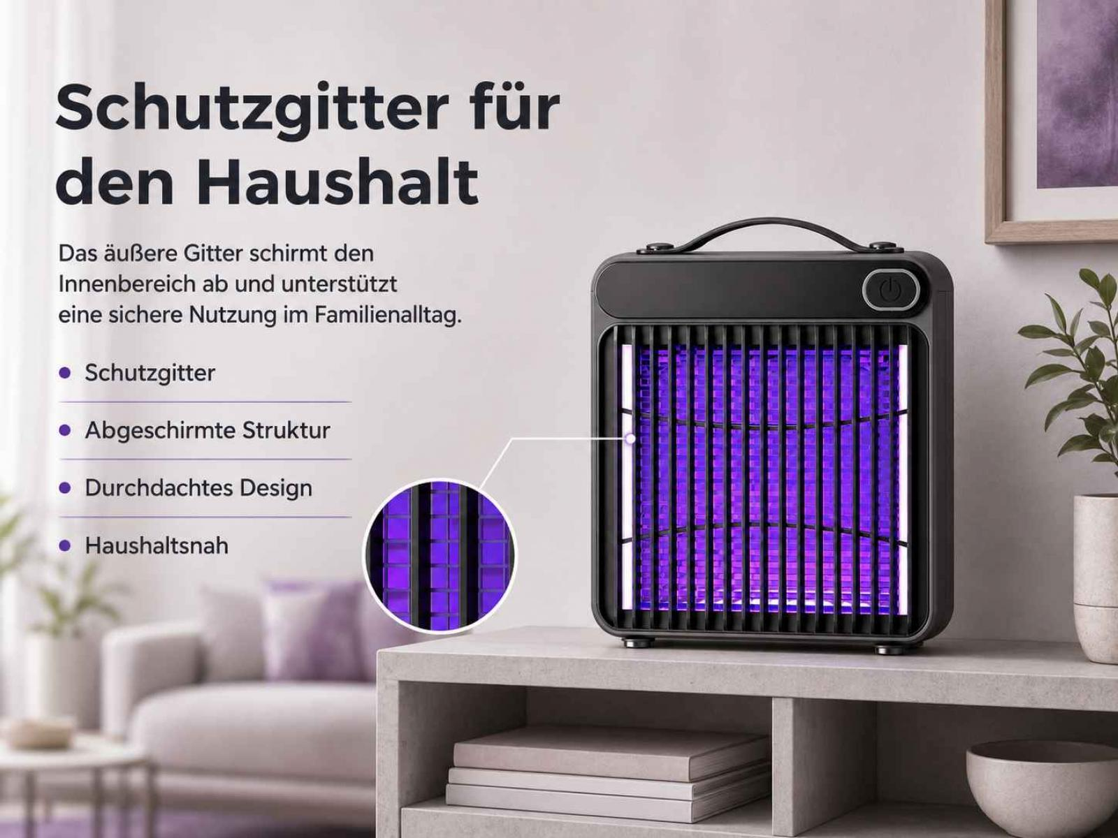 Schwarzes Insektenvernichter-Gerät mit violetter UV-Beleuchtung, auf einem Regal.