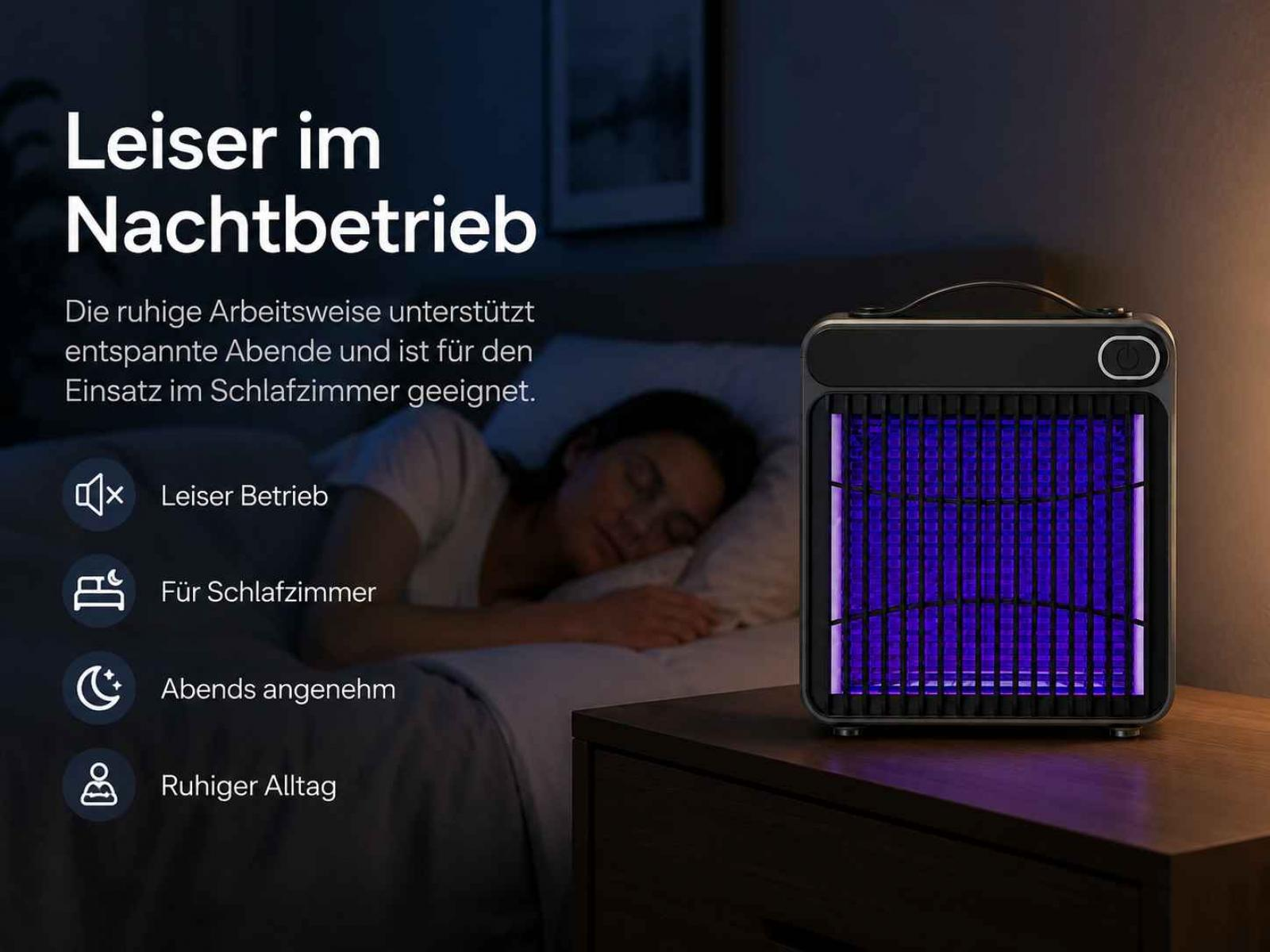 Ein leiser Insektenvernichter mit blauen Lichtern steht auf einem Nachttisch neben einem schlafenden Mädchen.