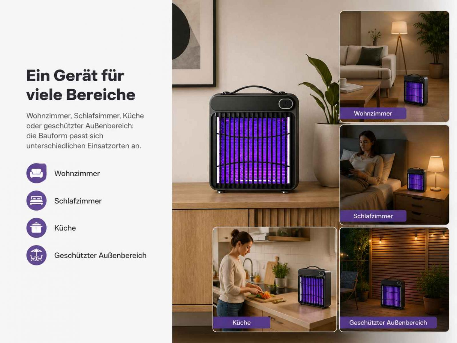 Ein Insektenvernichter mit UV-Licht in verschiedenen Räumen: Wohnzimmer, Schlafzimmer, Küche und Außenbereich.
