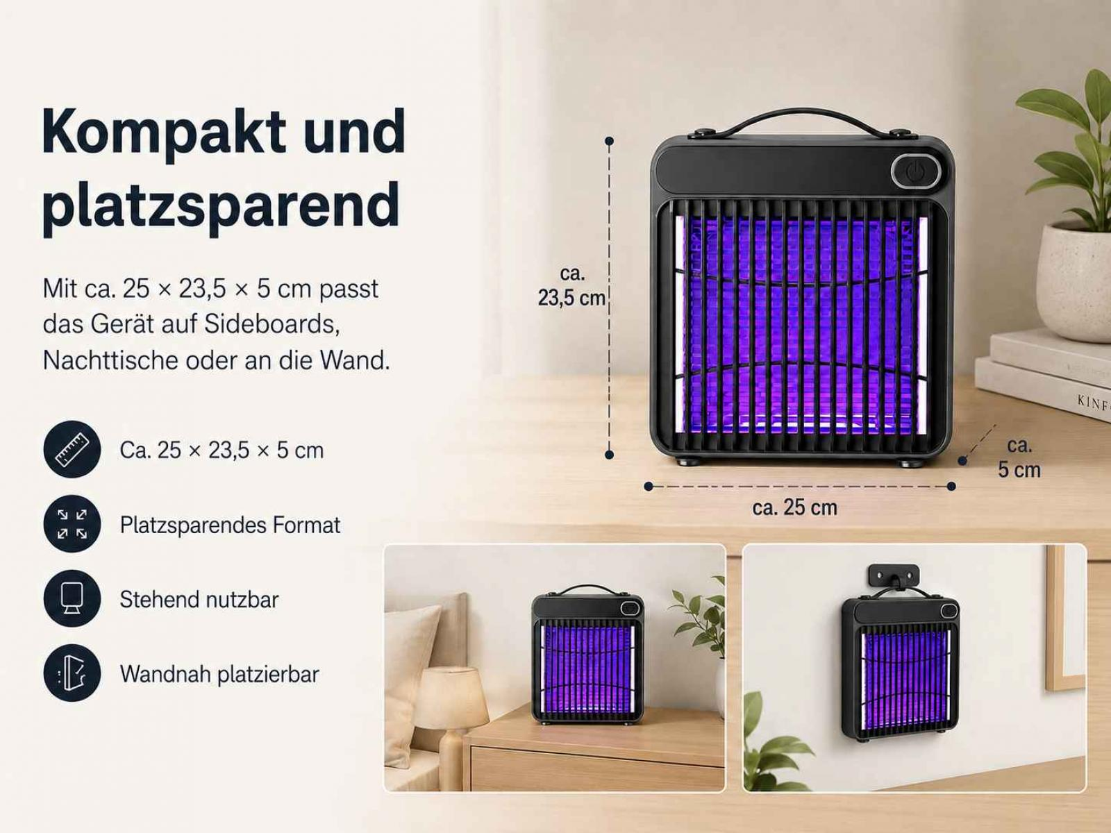 Kompakter Insektenvernichter mit UV-Licht, Maße 25x23,5x5 cm.