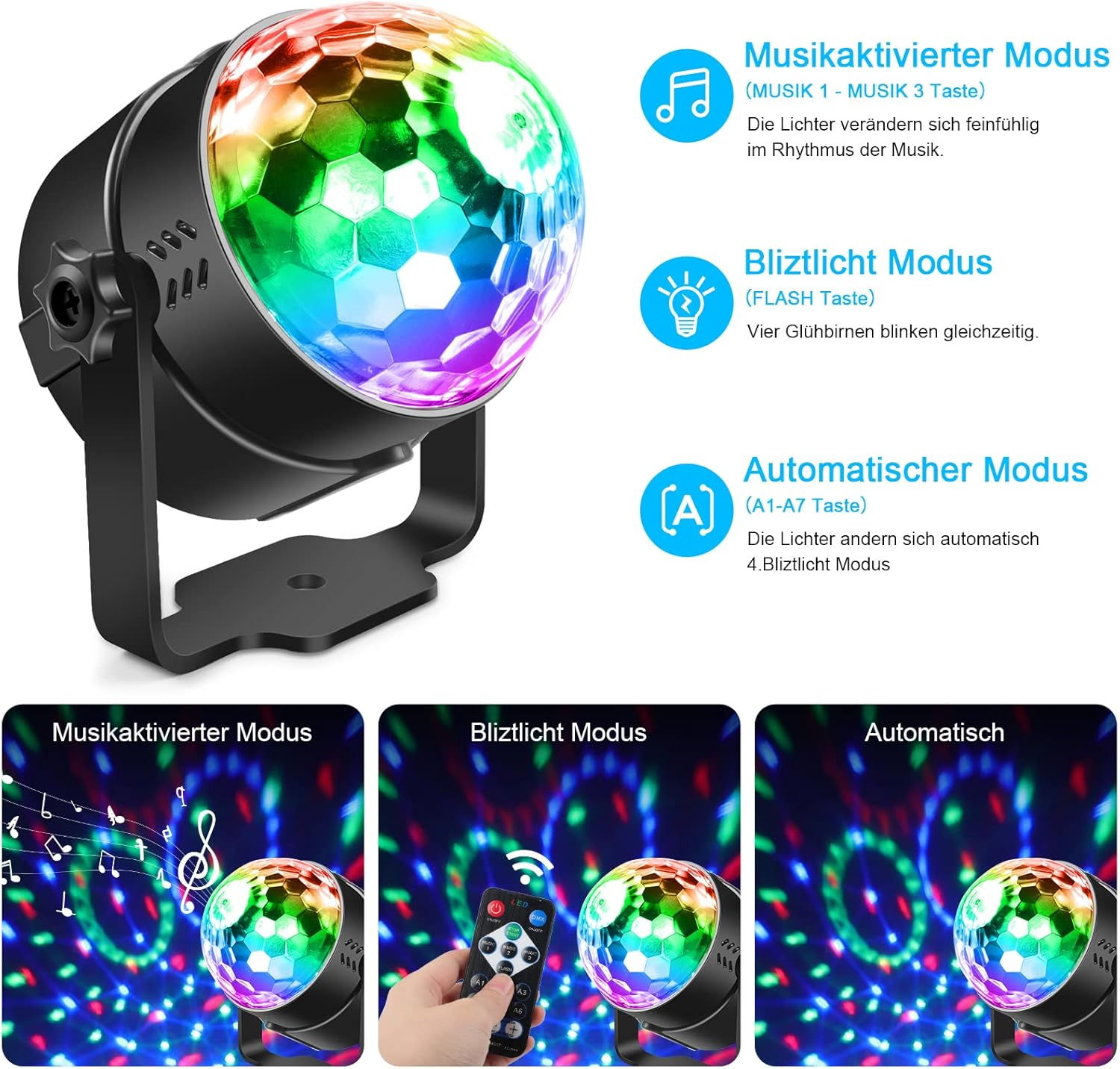 Ein bunter Discokugel-Lichteffekt mit verschiedenen Modi: Musik, Blitz und automatisch.