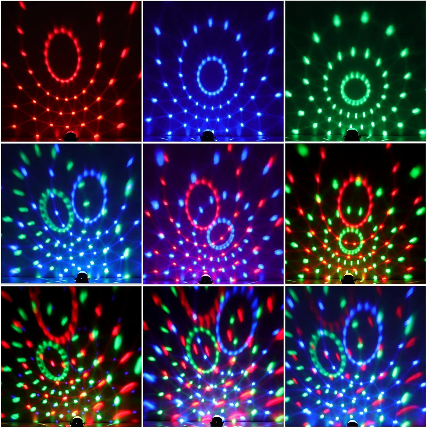 Eine Lichtershow mit roten, blauen und grünen Mustern auf dunklem Hintergrund.