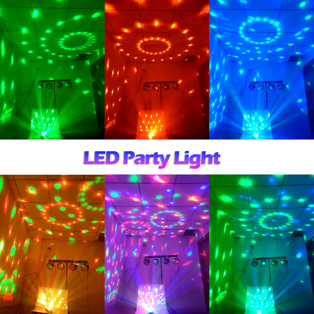 Mehrere LED-Party-Lichter projizieren bunte Muster auf Wände und Decke.