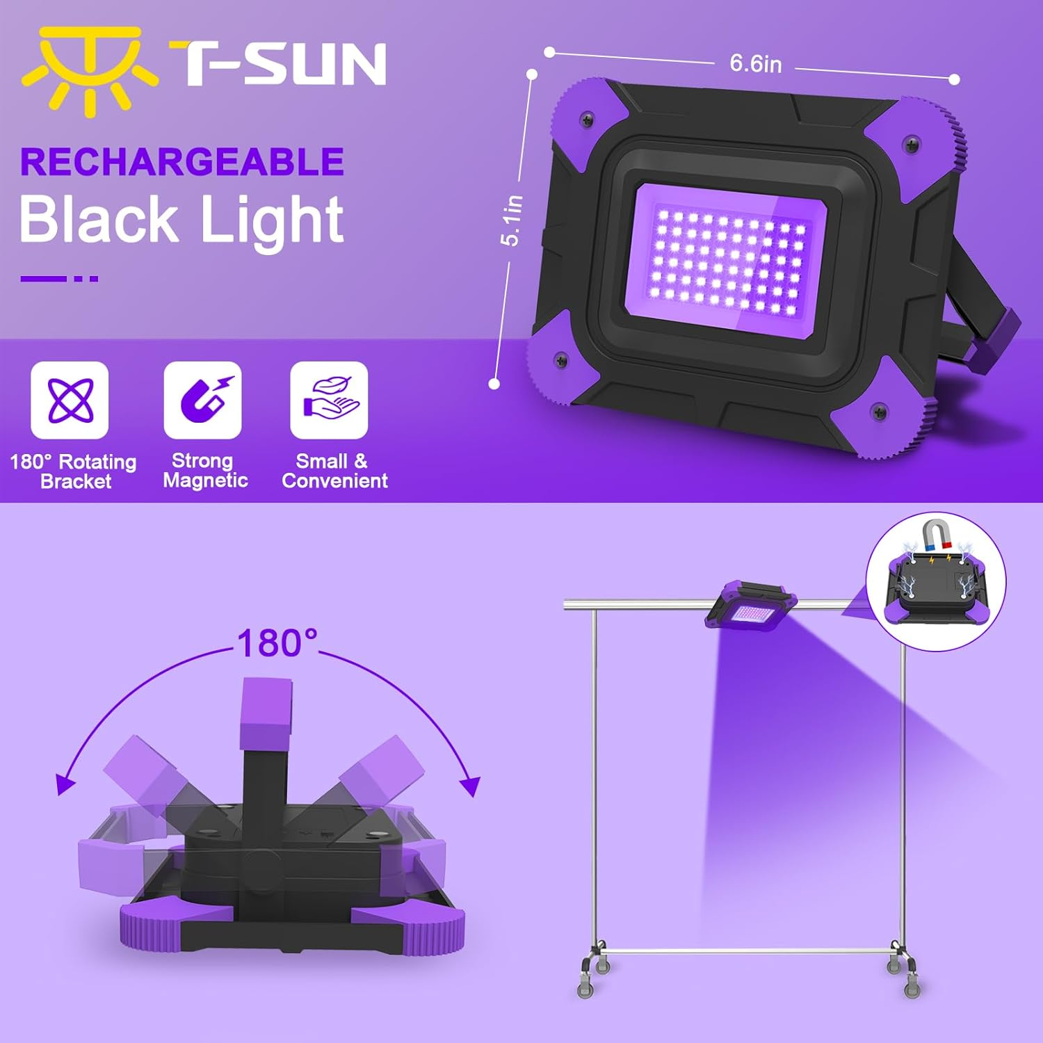 Ein wiederaufladbares Schwarzlicht mit 180° drehbarem Halter, starkem Magneten und kompakter Größe.