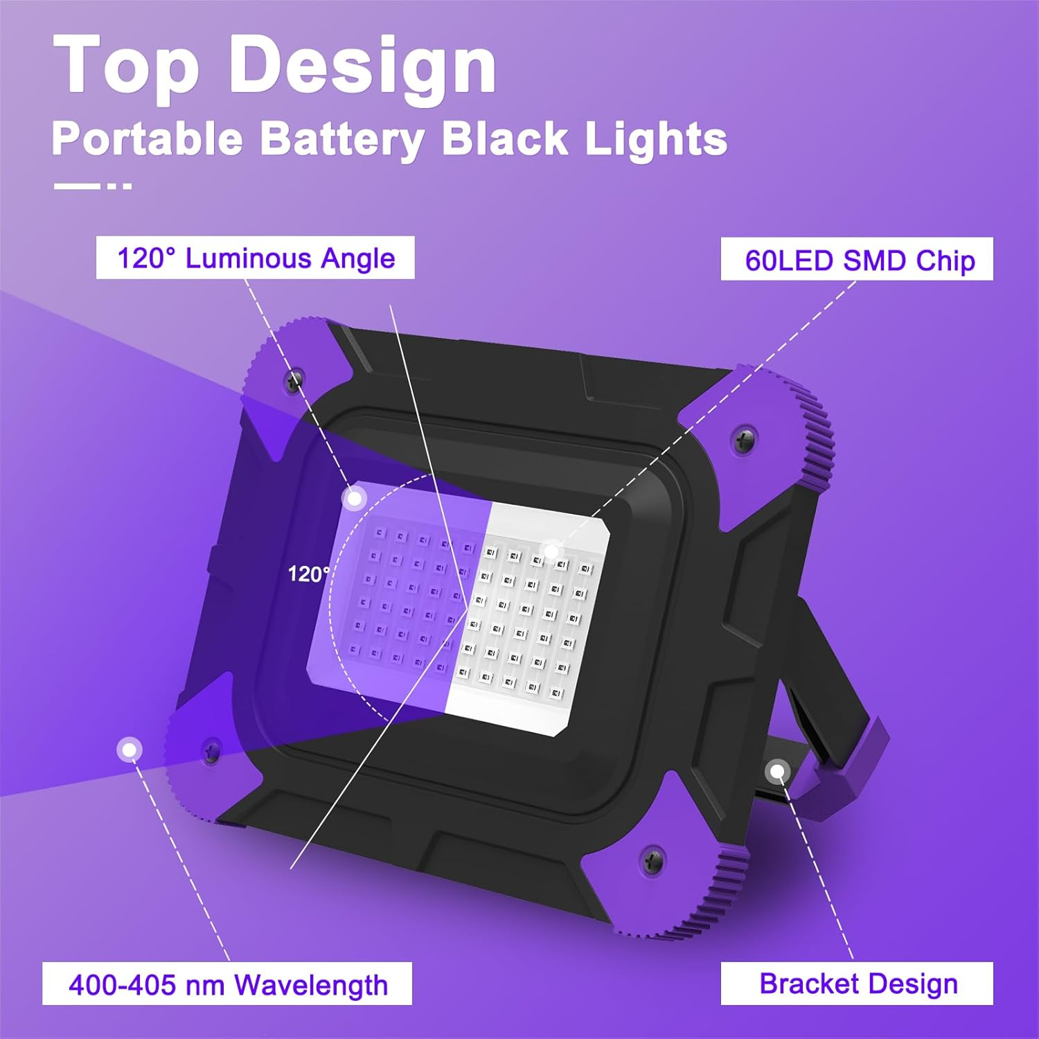 Schwarzes tragbares Akkulicht mit 60 LED-Chips, 120° Leuchtwinkel und 400-405 nm Wellenlänge.