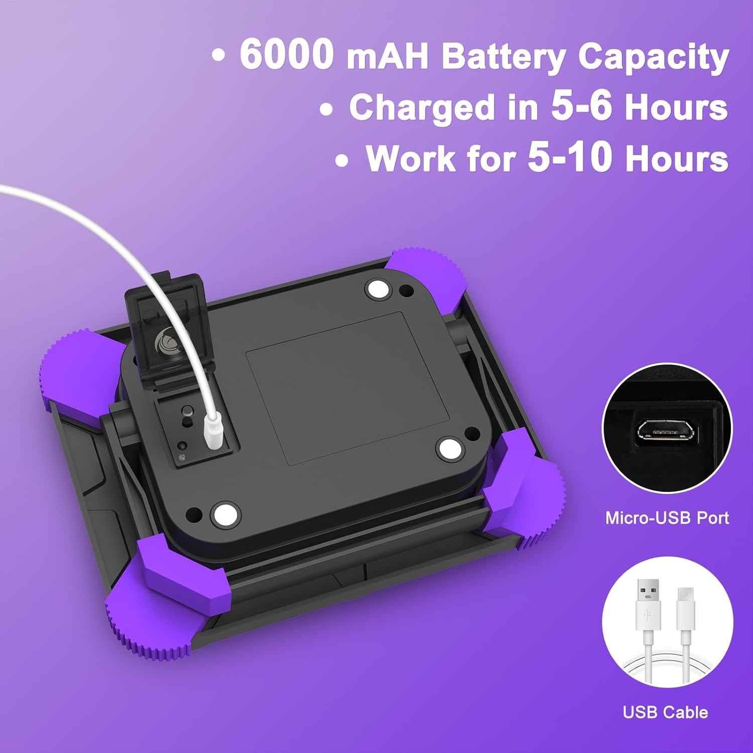 Schwarzes tragbares Gerät mit lila Akzenten, 6000mAh Akku, Micro-USB-Anschluss.