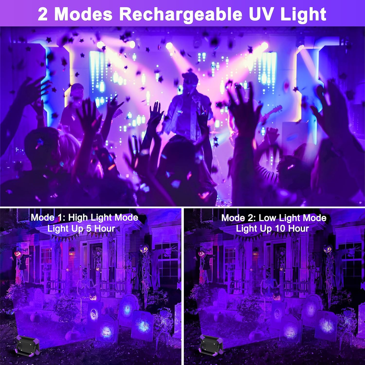 Partyszene mit UV-Licht und Haus mit Halloween-Dekor, beleuchtet von UV-Licht.