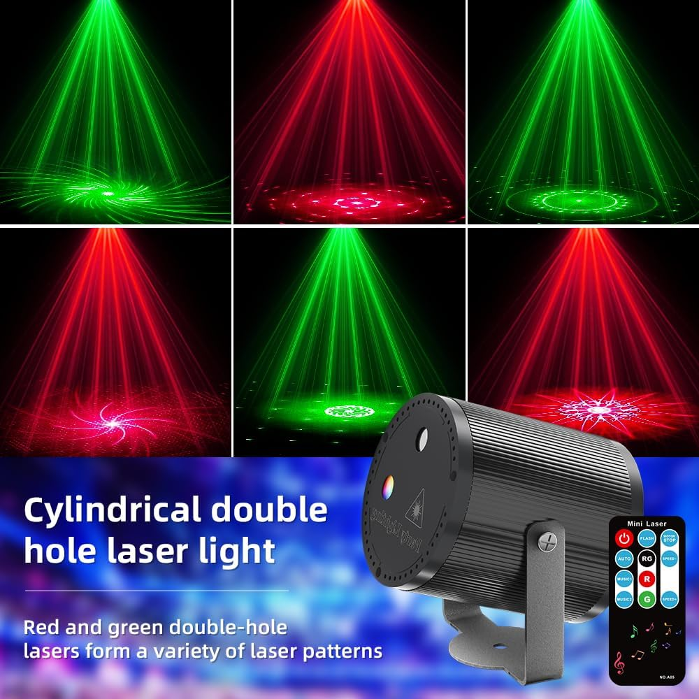 Ein zylindrisches Laserlicht mit roten und grünen Strahlen, die Muster erzeugen.