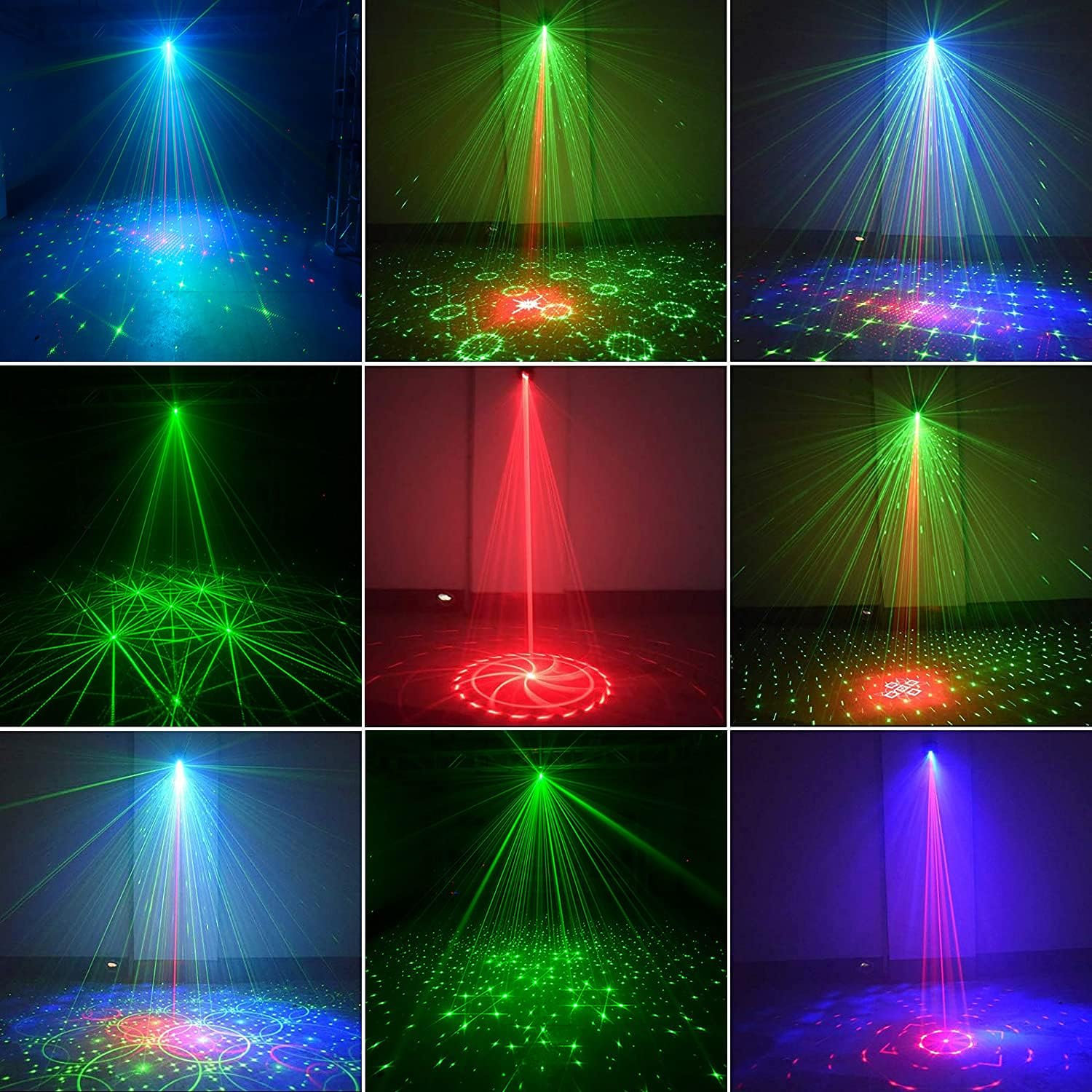 Bunte Laserstrahlen beleuchten einen dunklen Raum und projizieren Muster auf den Boden.