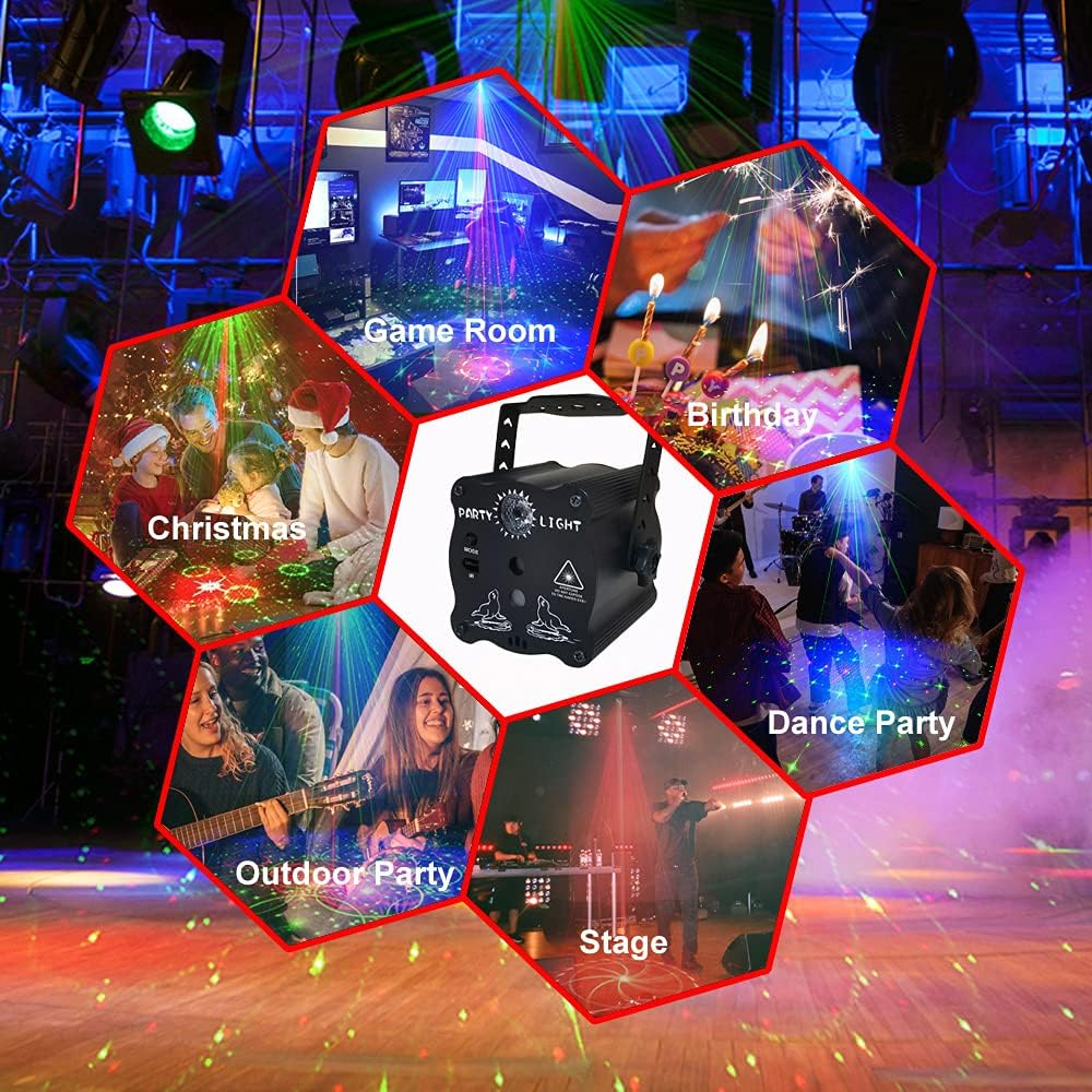 Ein Partylicht-Gerät mit roten und grünen Strahlen, das verschiedene Szenen beleuchtet.