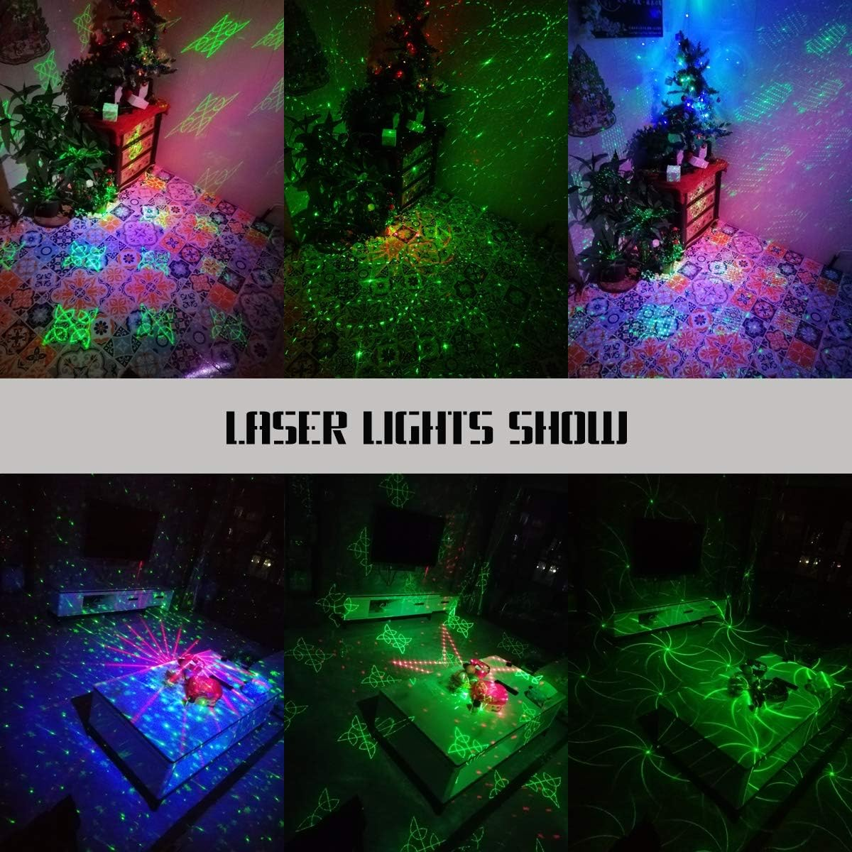 Laserlichtshow mit Mustern auf Boden und Wand, beleuchtet Weihnachtsbäume und Möbel.