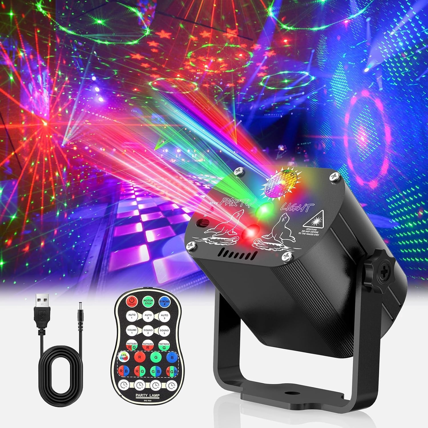 Ein Party-Laserprojektor mit Fernbedienung und USB-Kabel, der bunte Lichter erzeugt.