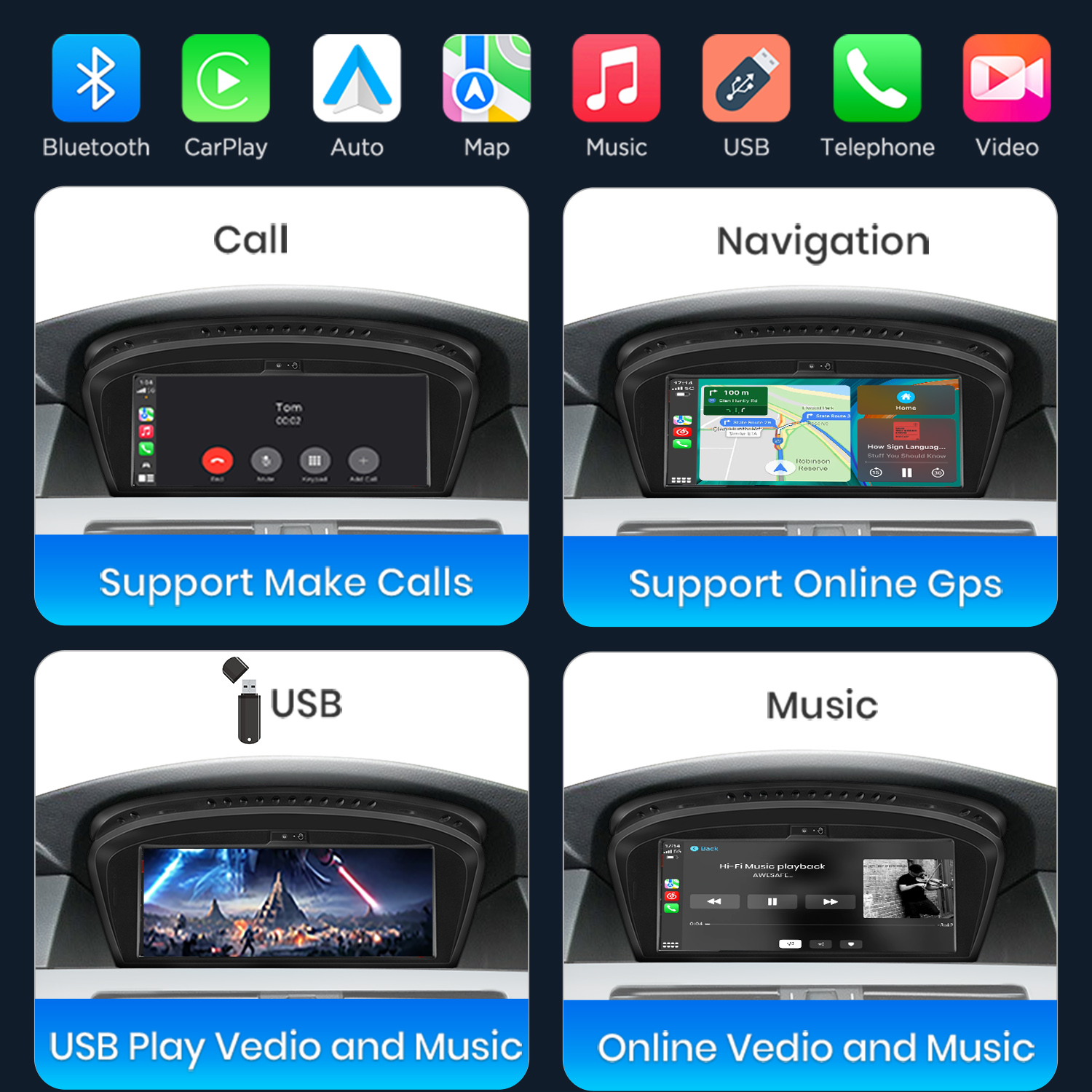 Vier Bildschirme zeigen Auto-Infotainment: Anrufe, Navigation, USB-Video und Musik.