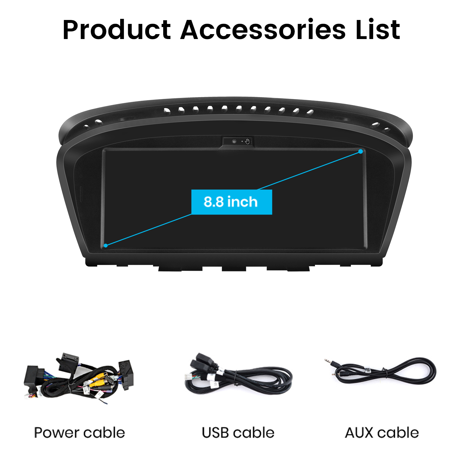 Ein 8,8-Zoll-Display mit Strom-, USB- und AUX-Kabeln.
