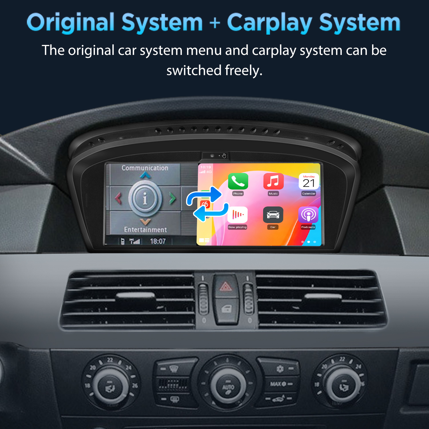 Ein Auto-Infotainmentsystem mit Originalmenü und CarPlay-Oberfläche.