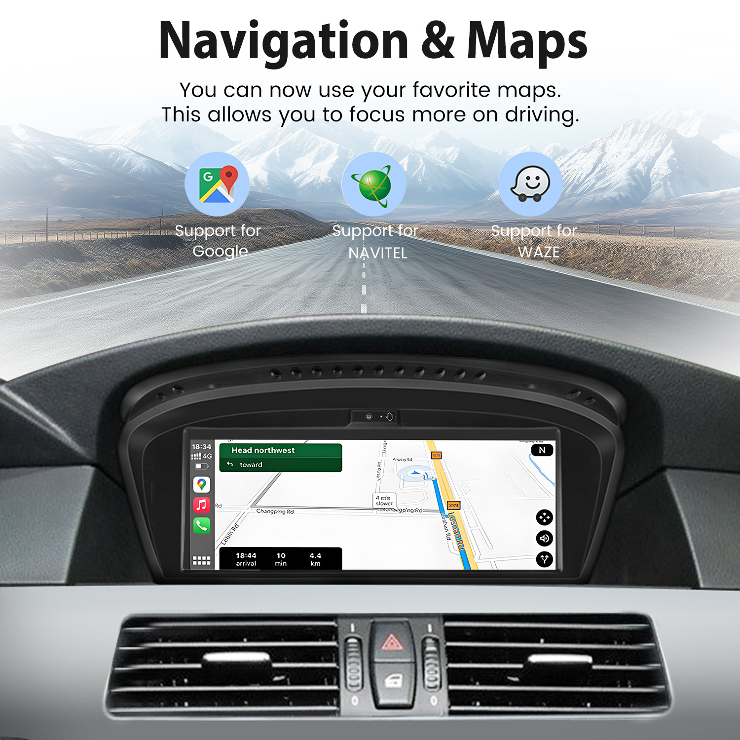 Navigationssystem im Auto zeigt eine Karte mit Google, Navitel und Waze Unterstützung.