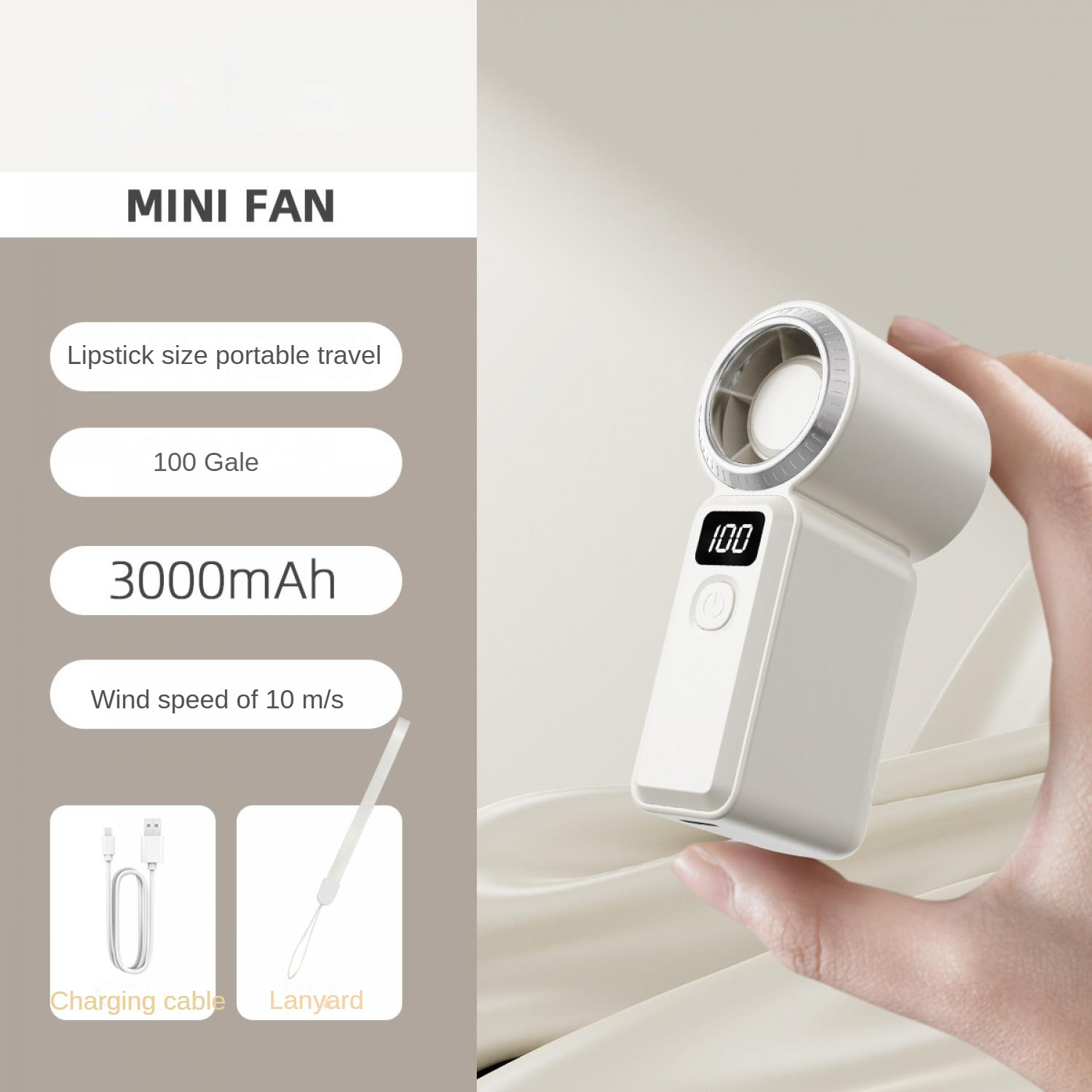 Ein weißer Mini-Ventilator in Lippenstiftgröße wird von einer Hand gehalten. 3000mAh.