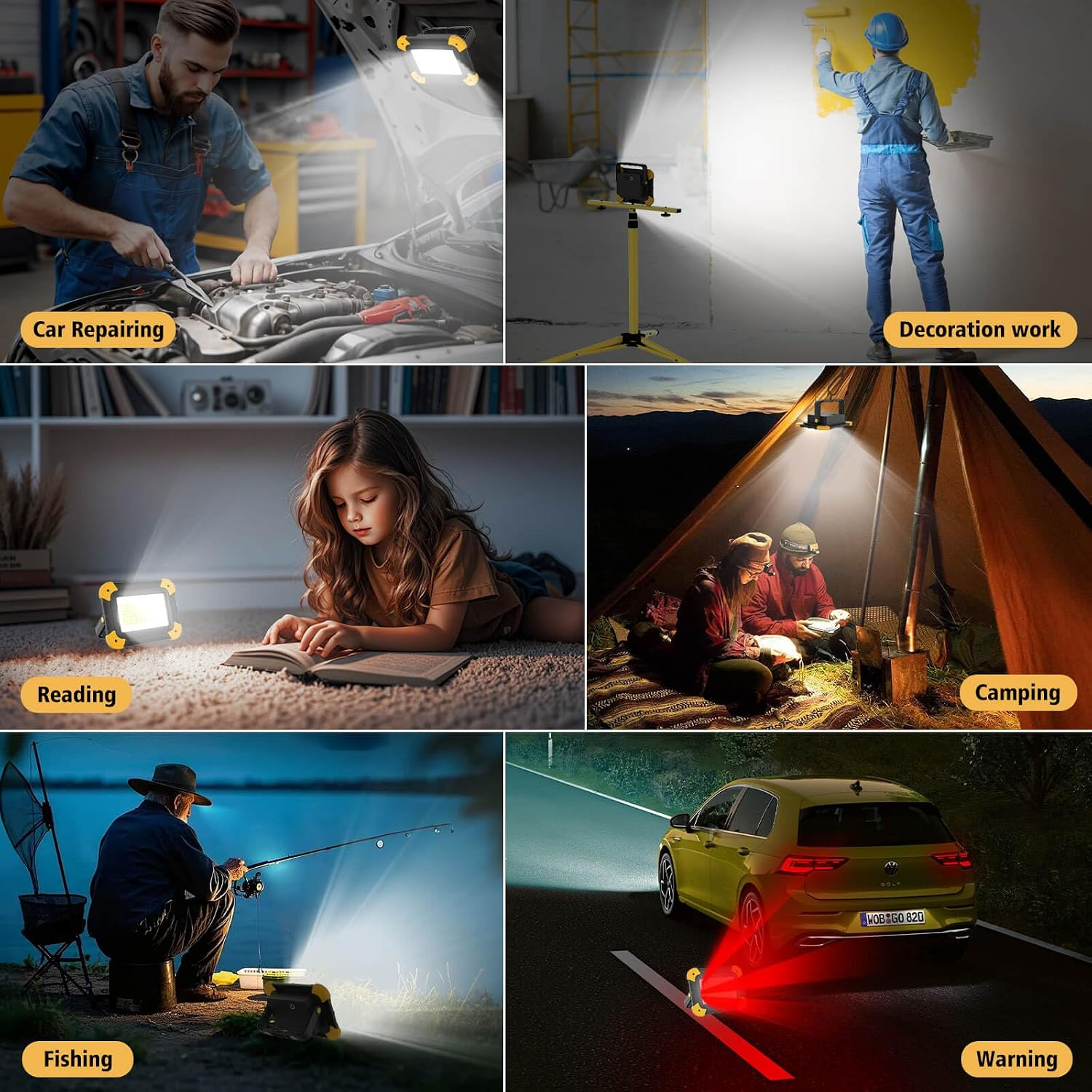 Collage aus 6 Szenen: Autoreparatur, Malen, Lesen, Camping, Angeln, Auto-Warnlicht.