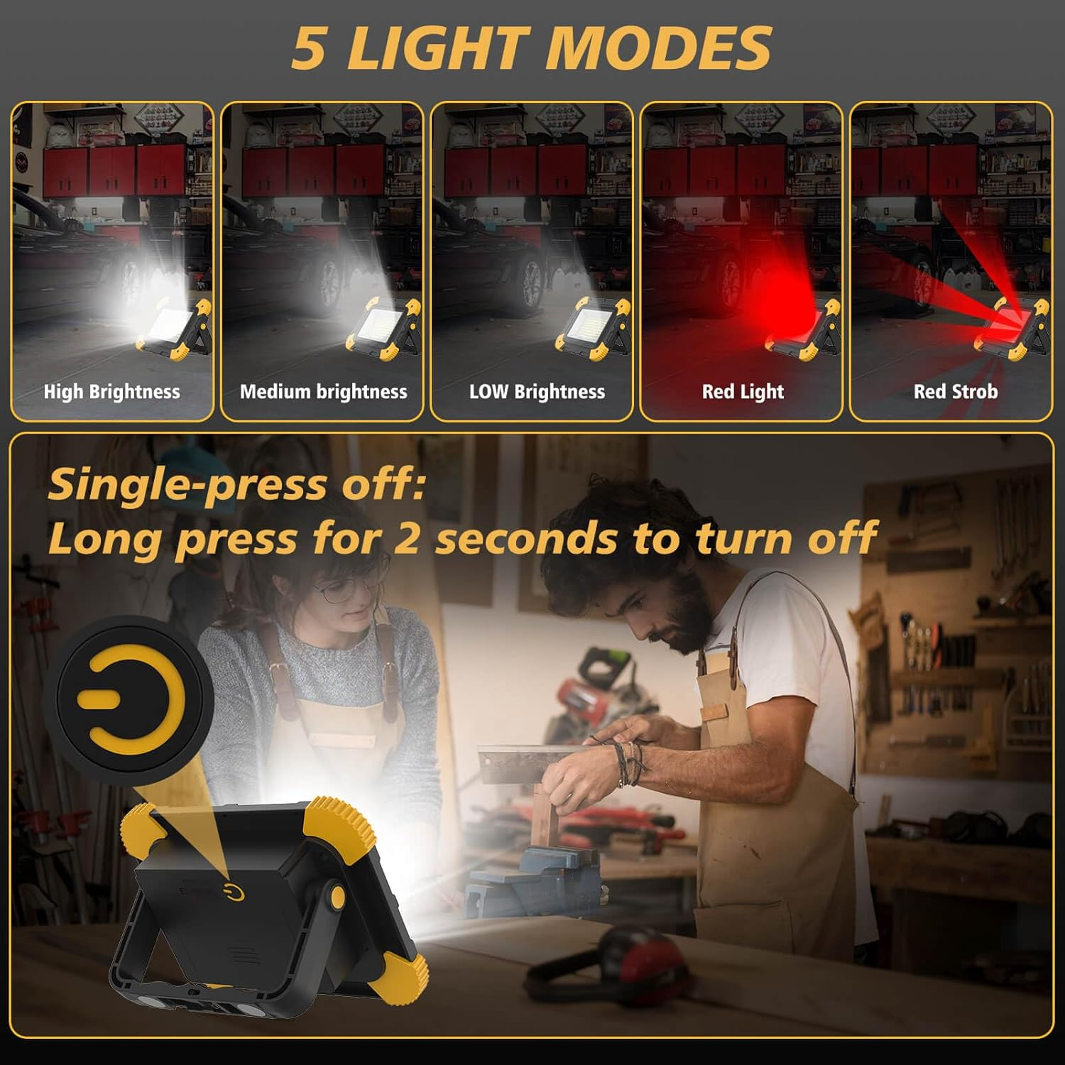 5 Lichtmodi: Hohe Helligkeit, mittlere Helligkeit, niedrige Helligkeit, rotes Licht, roter Stroboskop.