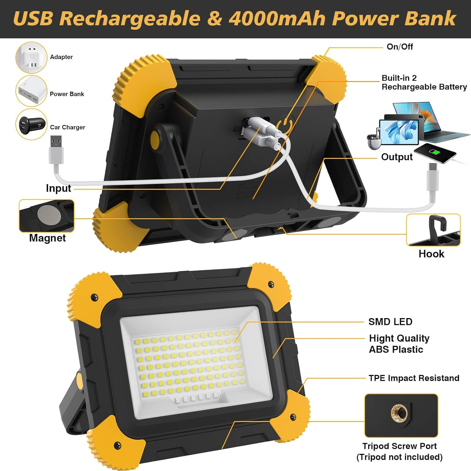 USB-wiederaufladbare Powerbank mit LED-Licht, Haken, Magnet und Stativanschluss.