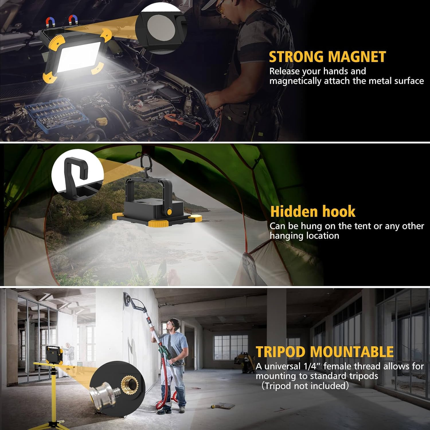 Arbeitsleuchte mit Magnet, Haken und Stativmontageoptionen.