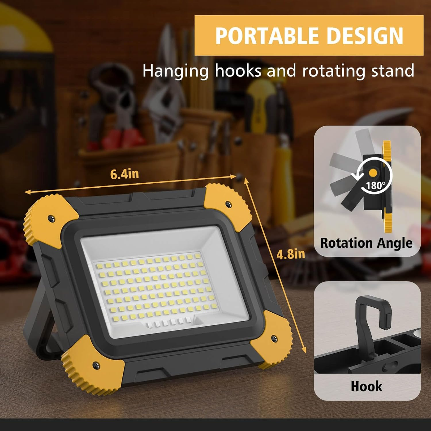 Tragbarer LED-Strahler mit Haken und drehbarem Ständer, 6,4 x 4,8 Zoll.